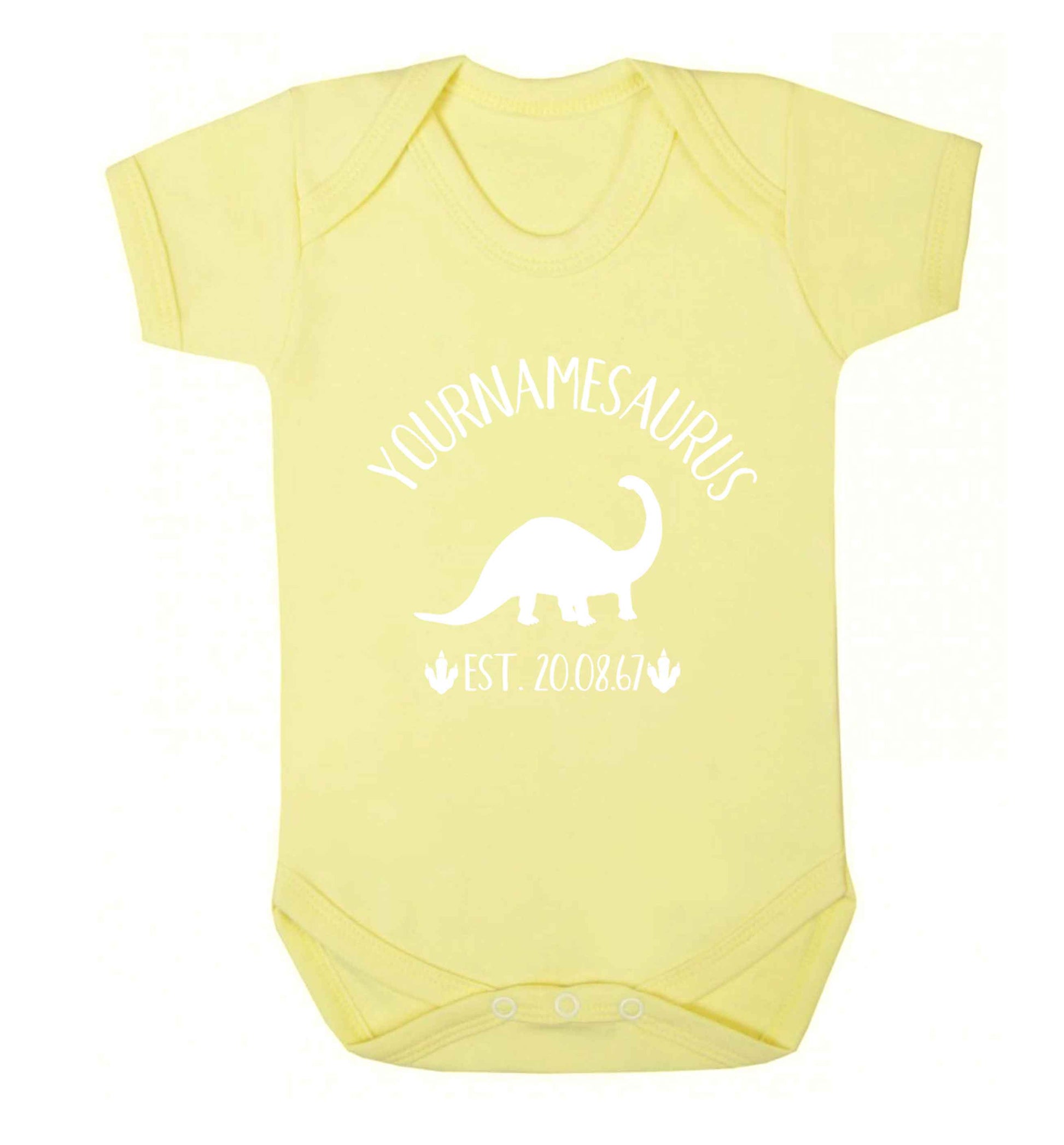 Personalised (your name) dinosaur birthday Baby Vest pale yellow 18-24 months