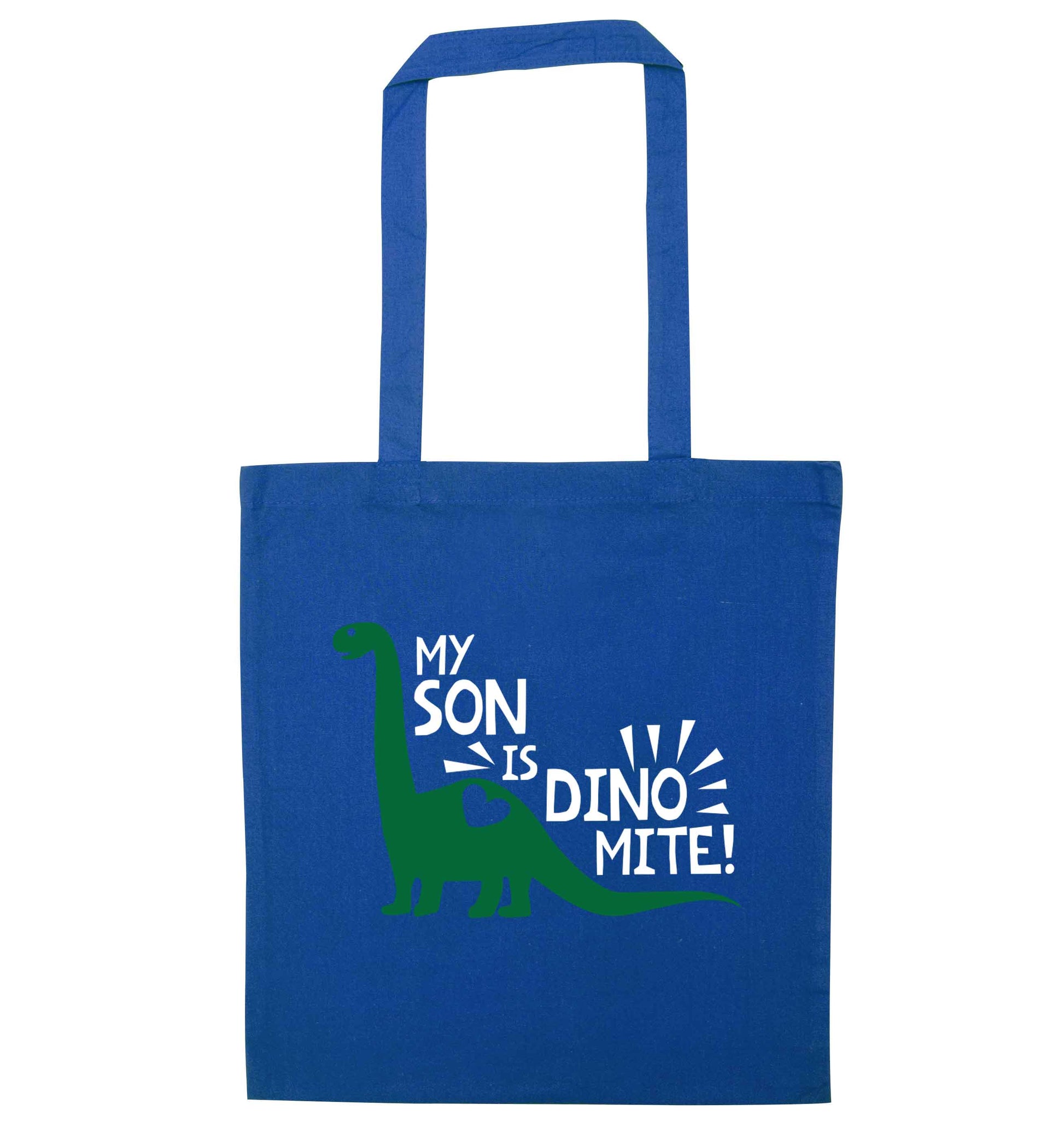 My son is dinomite! blue tote bag