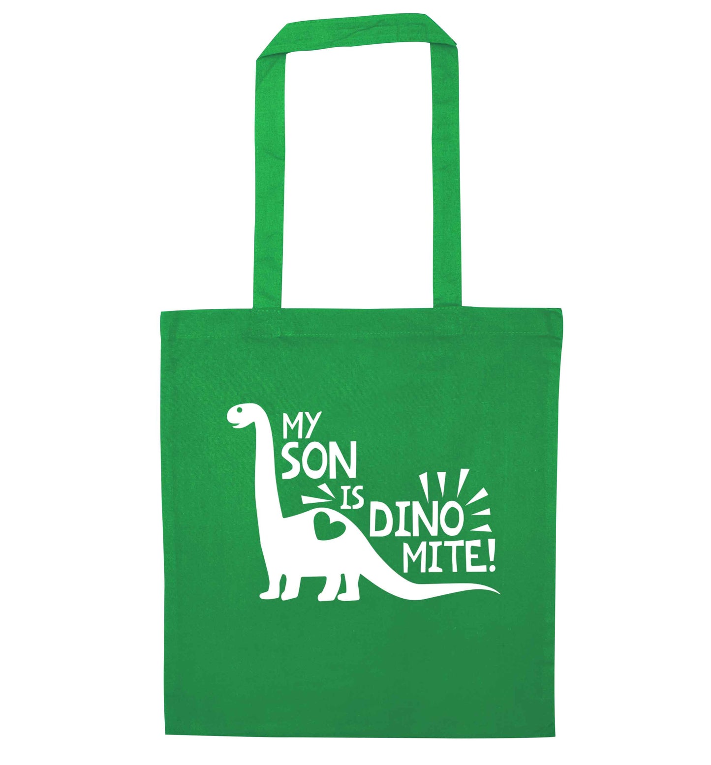My son is dinomite! green tote bag