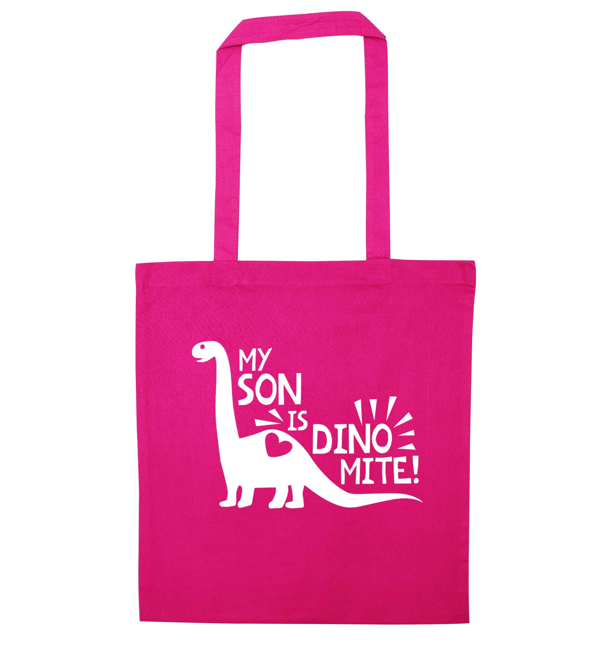 My son is dinomite! pink tote bag