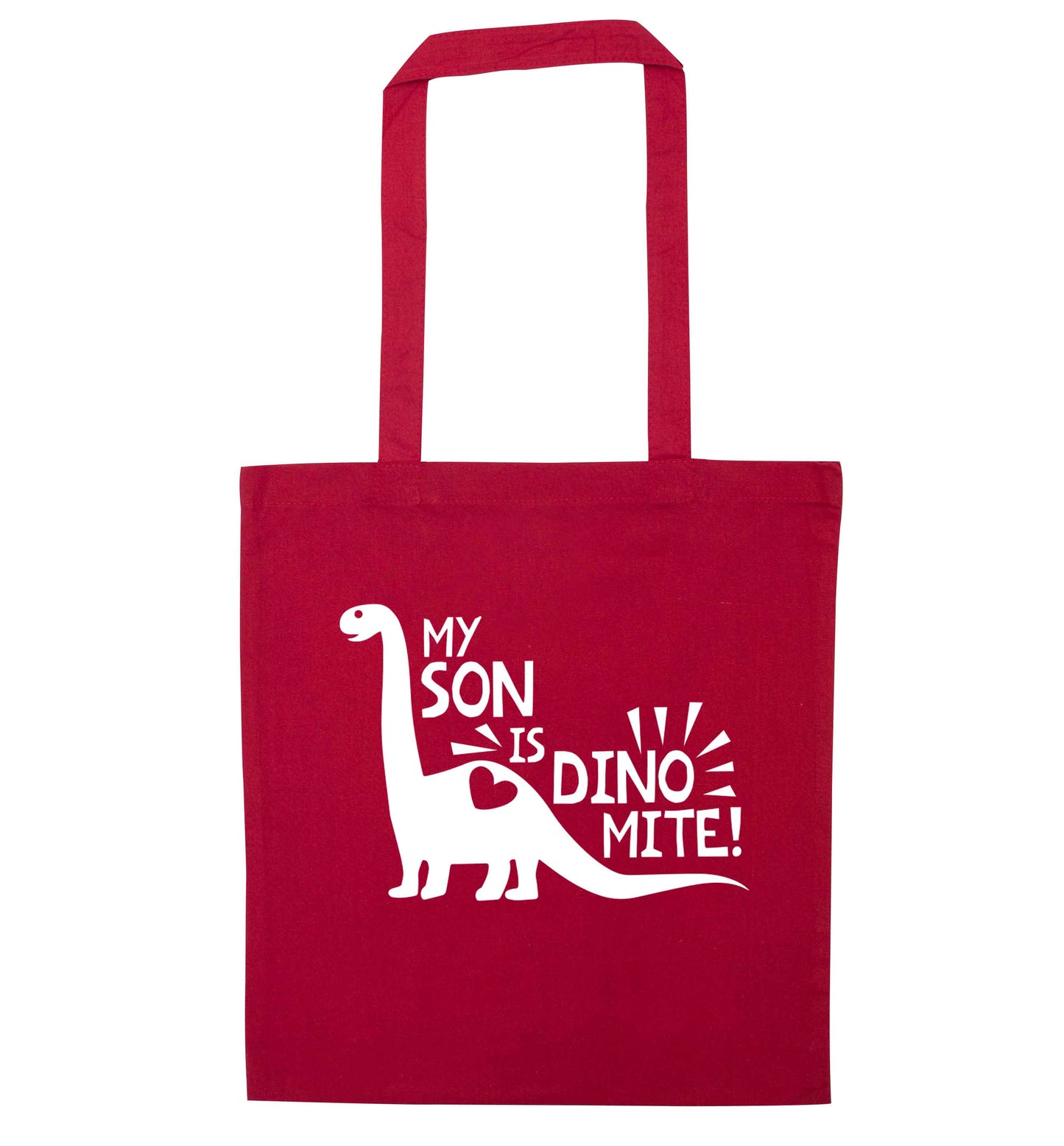 My son is dinomite! red tote bag