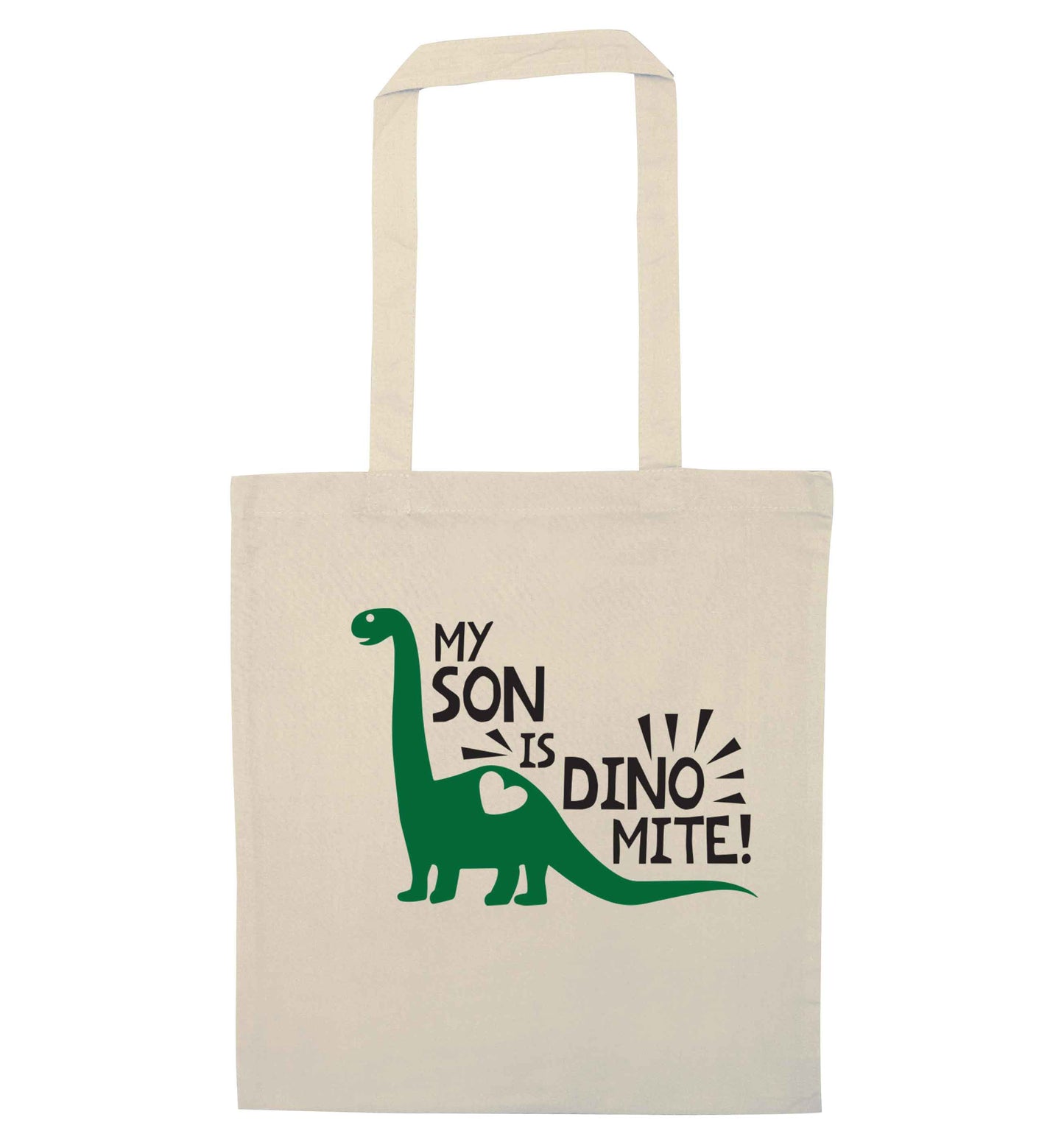 My son is dinomite! natural tote bag