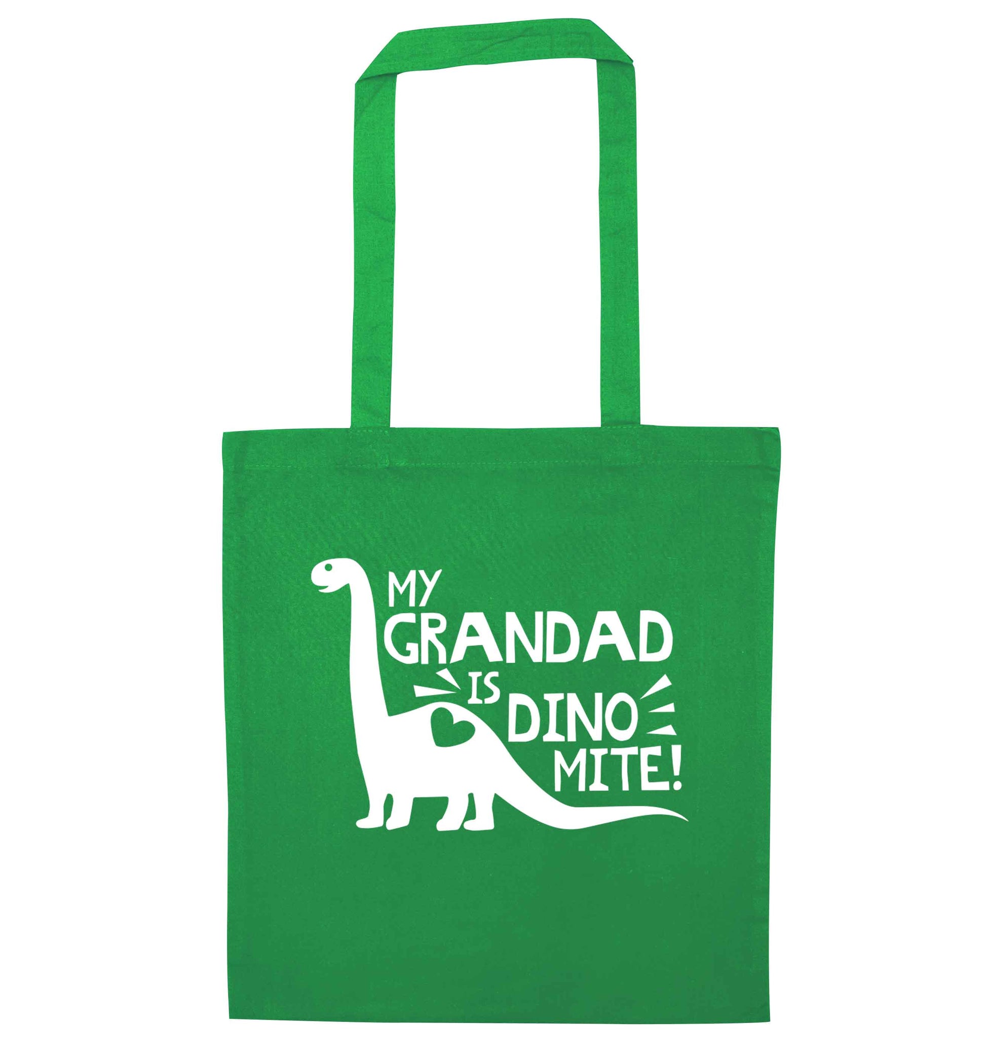 My grandad is dinomite! green tote bag
