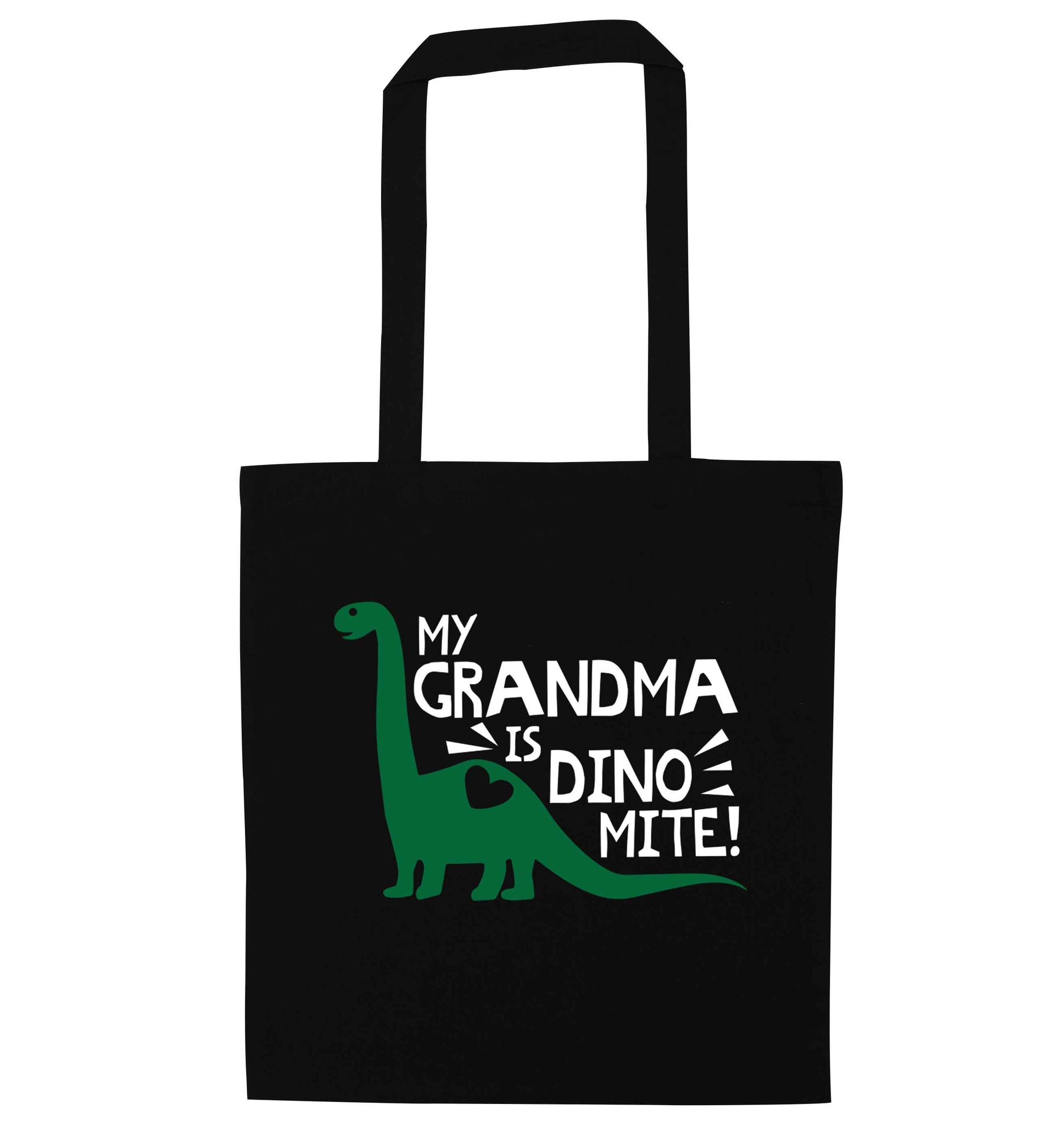 My grandma is dinomite! black tote bag