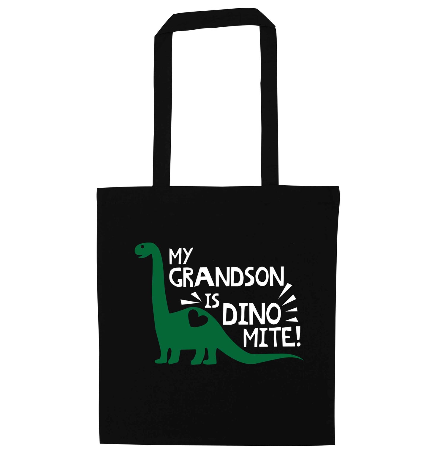 My grandson is dinomite! black tote bag