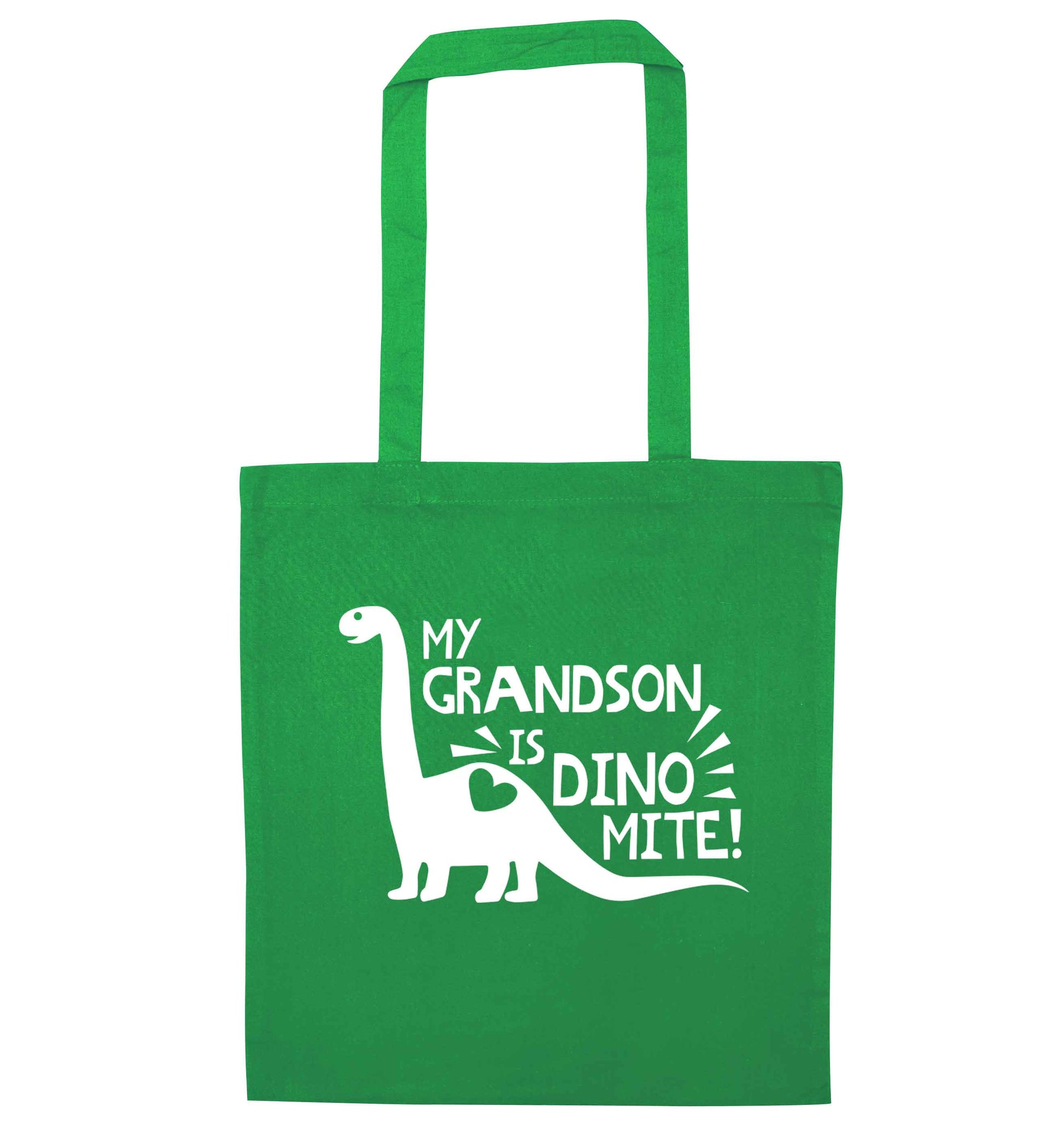 My grandson is dinomite! green tote bag