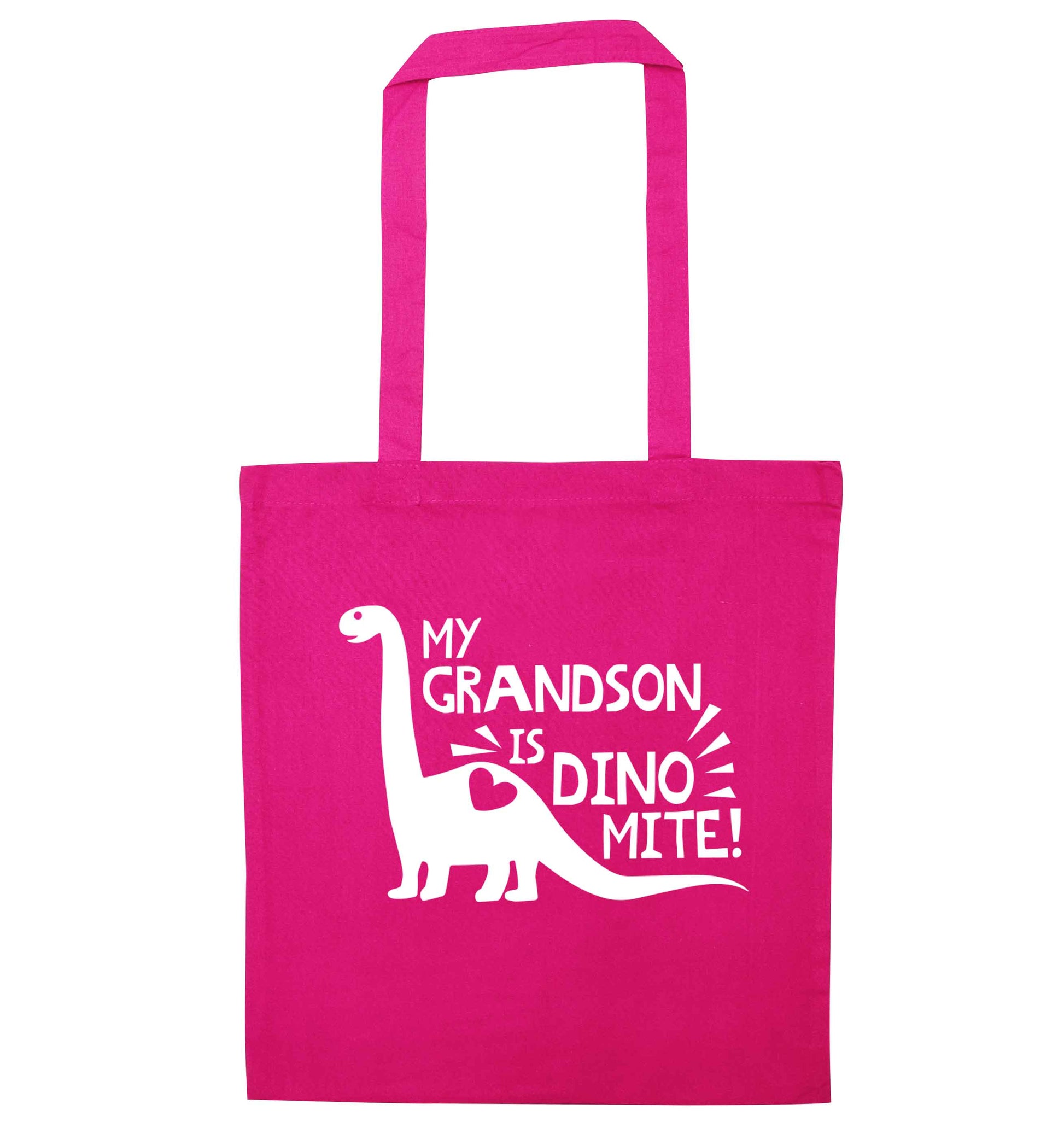 My grandson is dinomite! pink tote bag