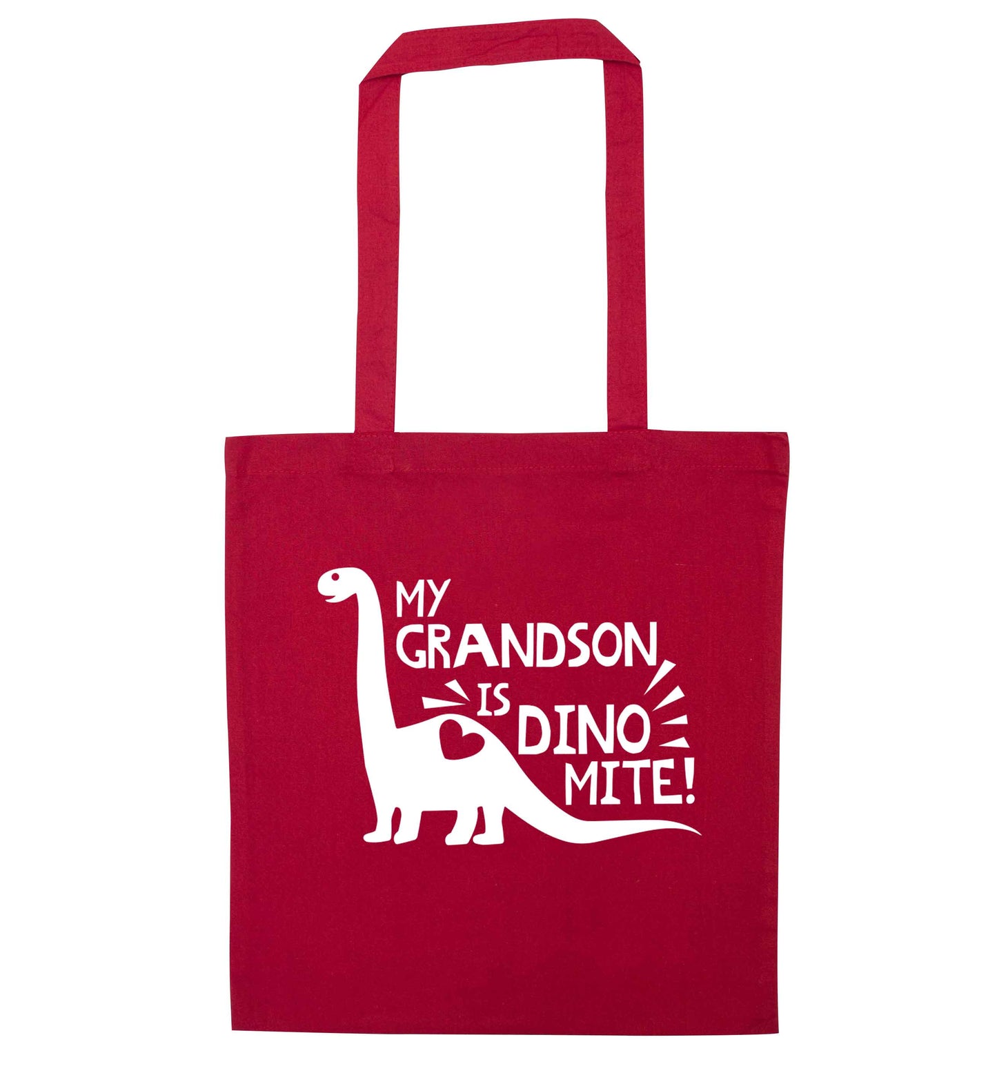 My grandson is dinomite! red tote bag