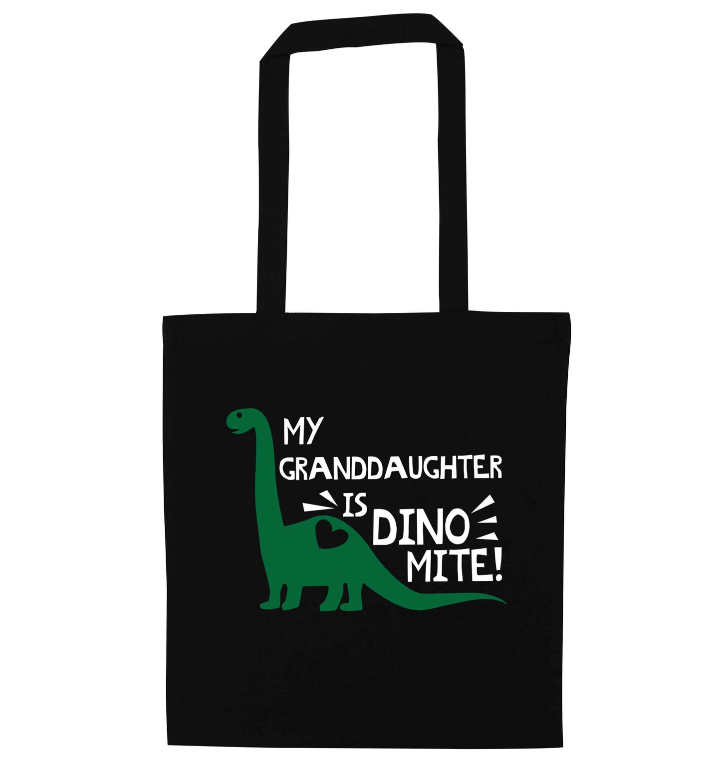 My granddaughter is dinomite! black tote bag