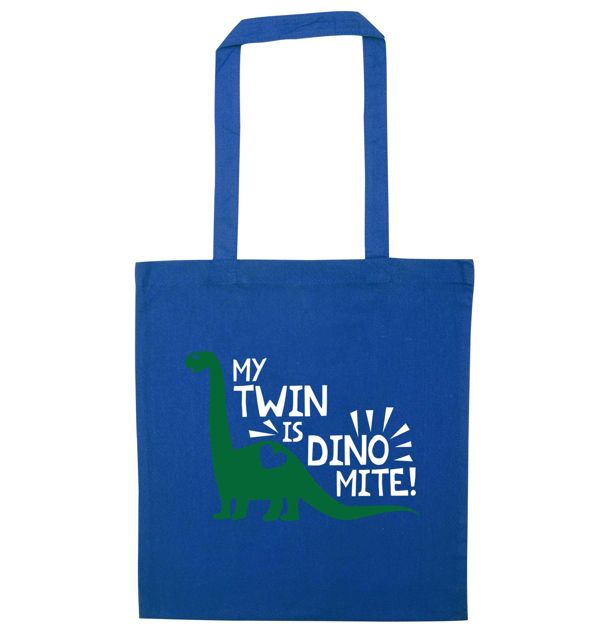 My twin is dinomite! blue tote bag