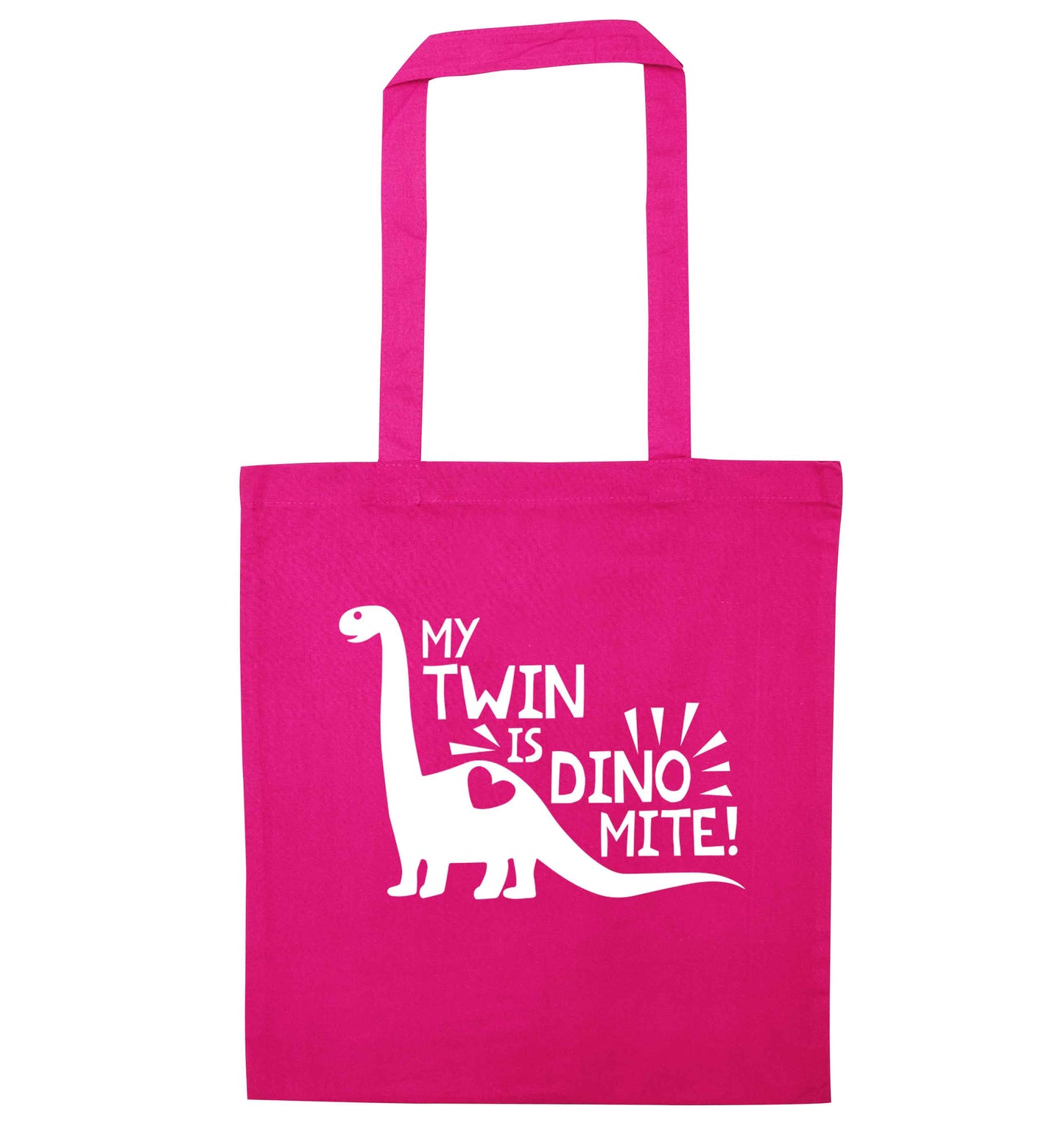 My twin is dinomite! pink tote bag