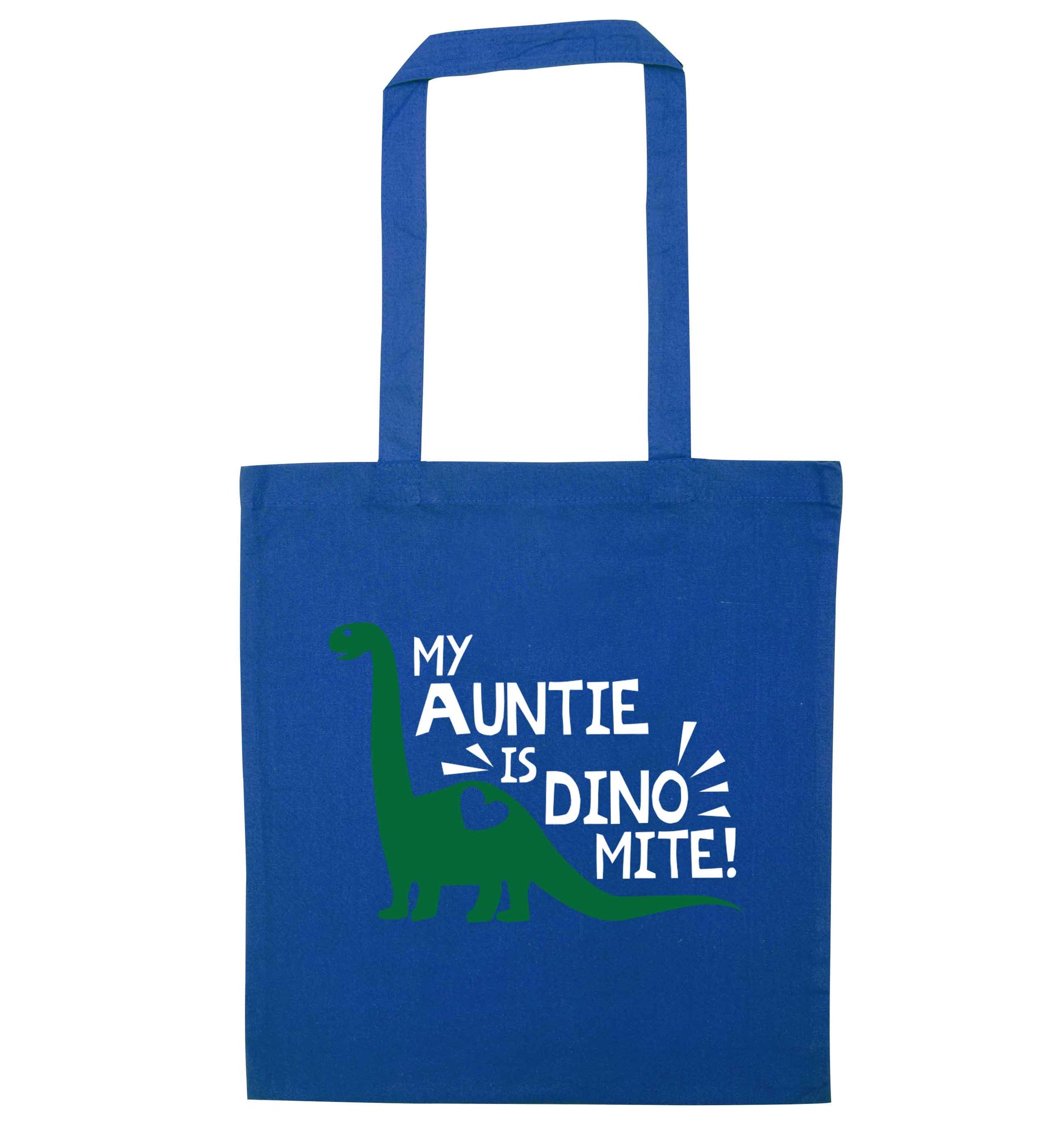 My auntie is dinomite! blue tote bag