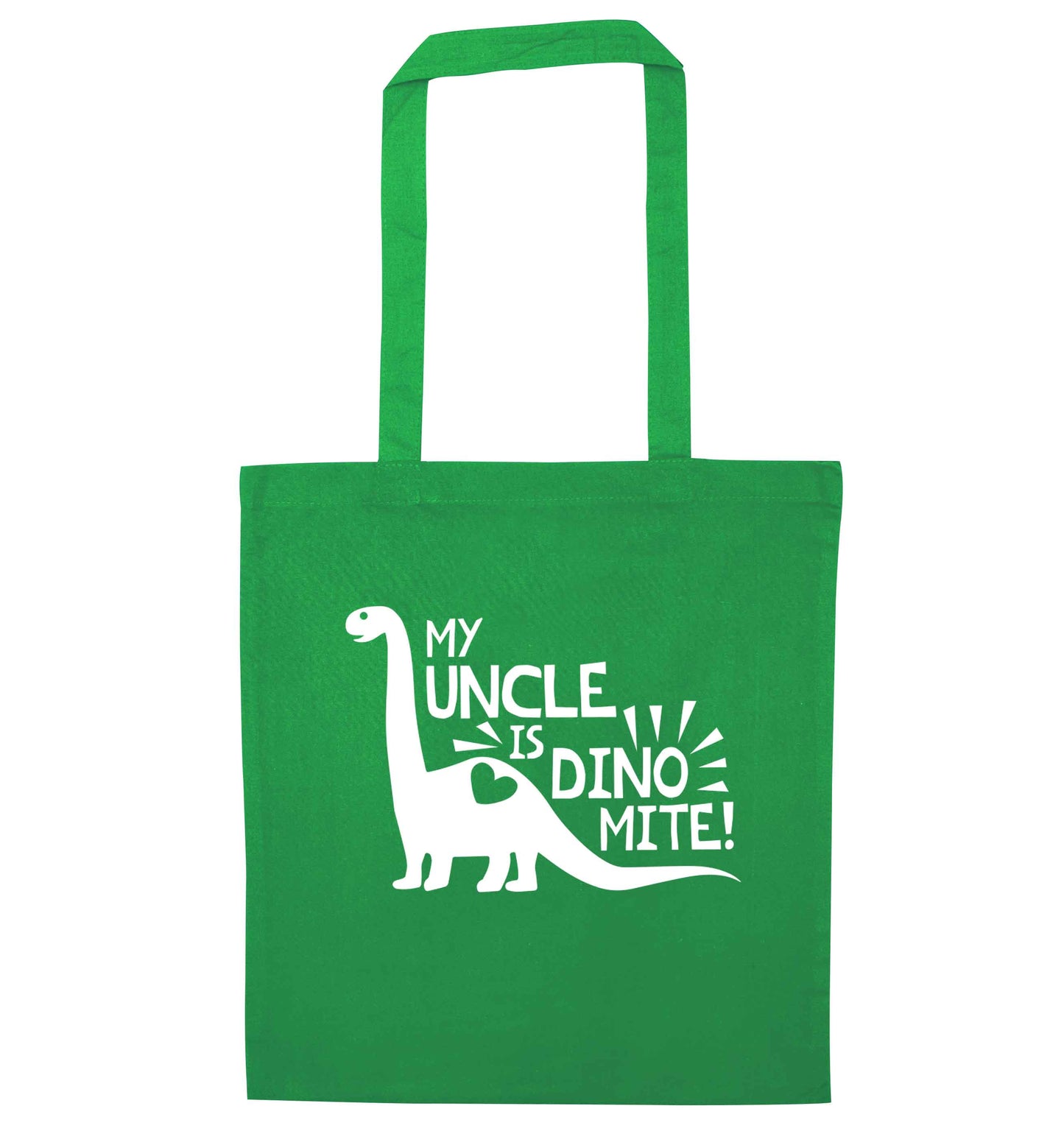 My uncle is dinomite! green tote bag