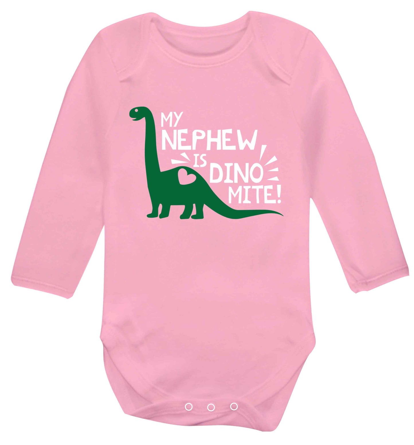 My nephew is dinomite! Baby Vest long sleeved pale pink 6-12 months