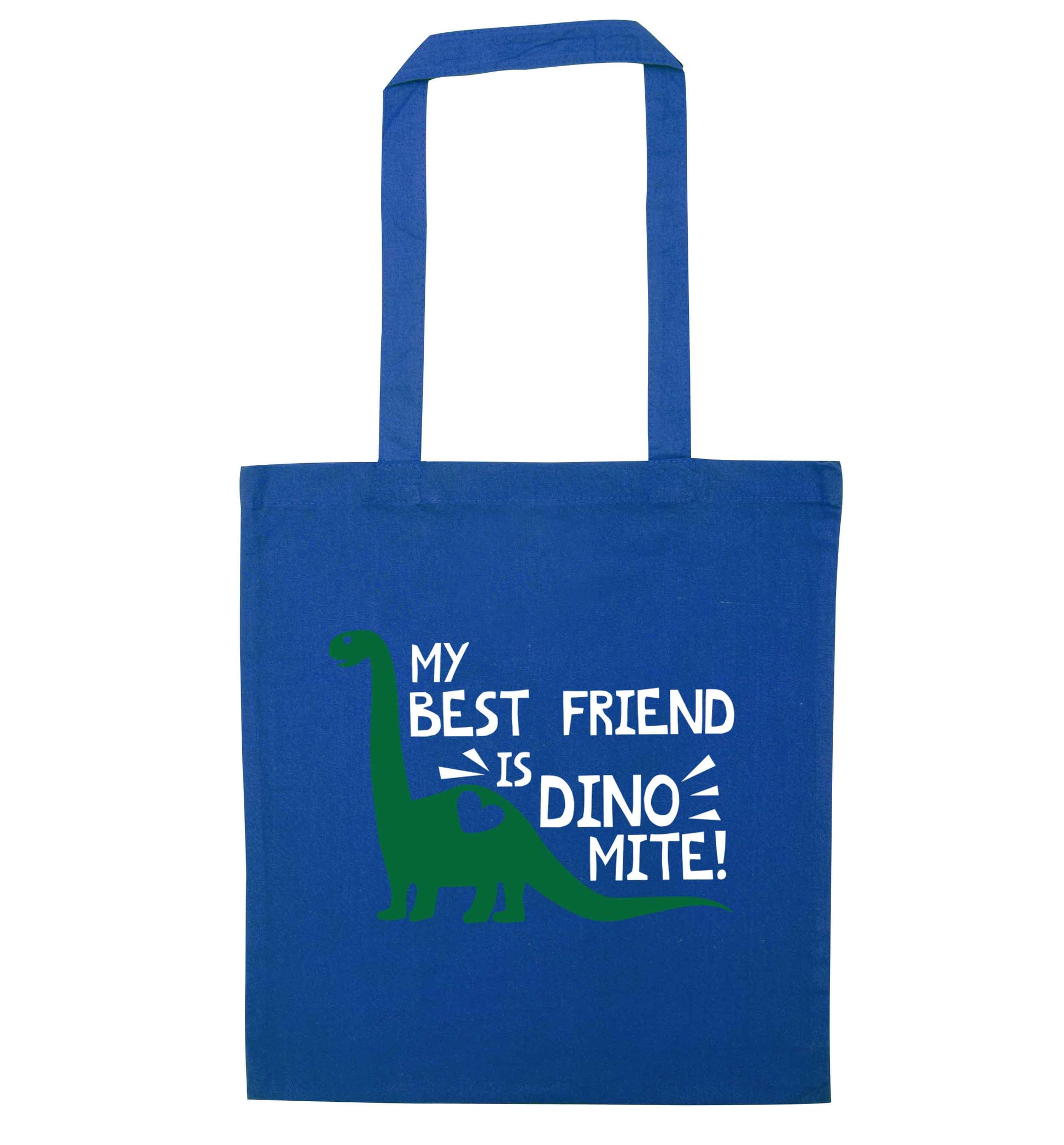 My cousin is dinomite! blue tote bag