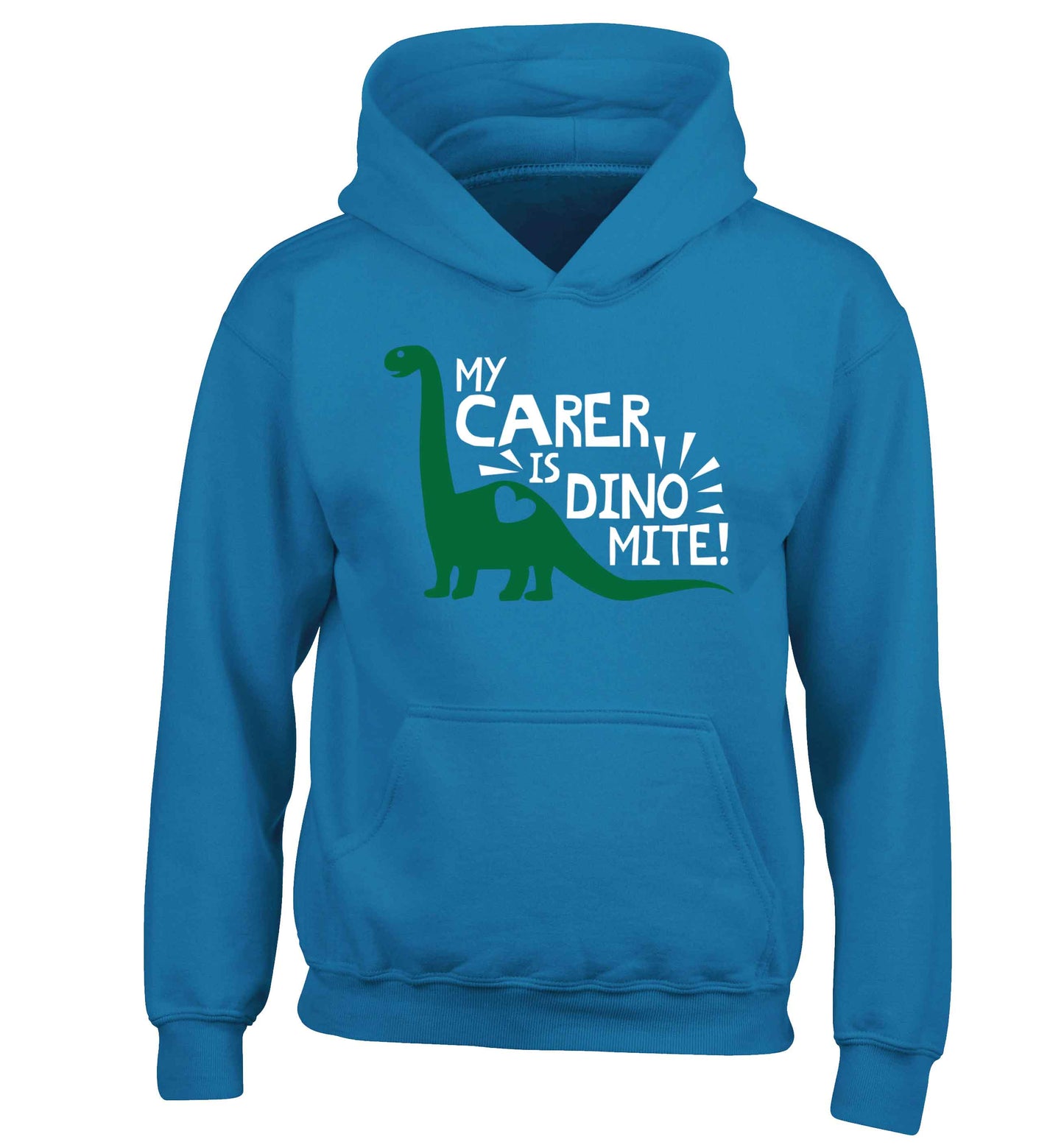 My carer is dinomite! children's blue hoodie 12-13 Years