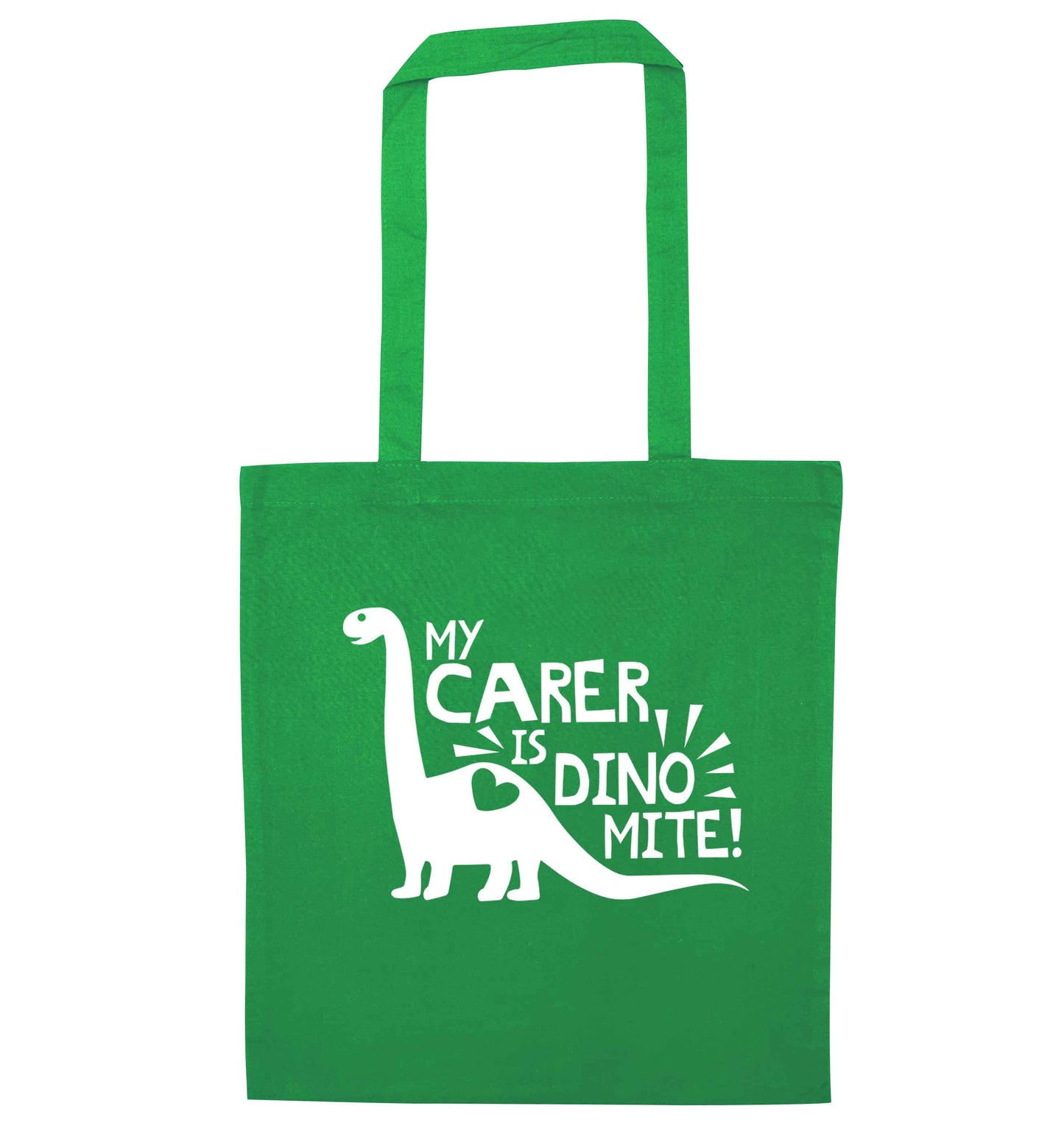My carer is dinomite! green tote bag