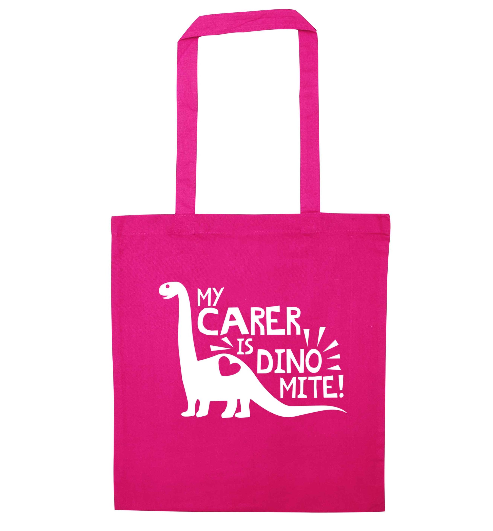 My carer is dinomite! pink tote bag