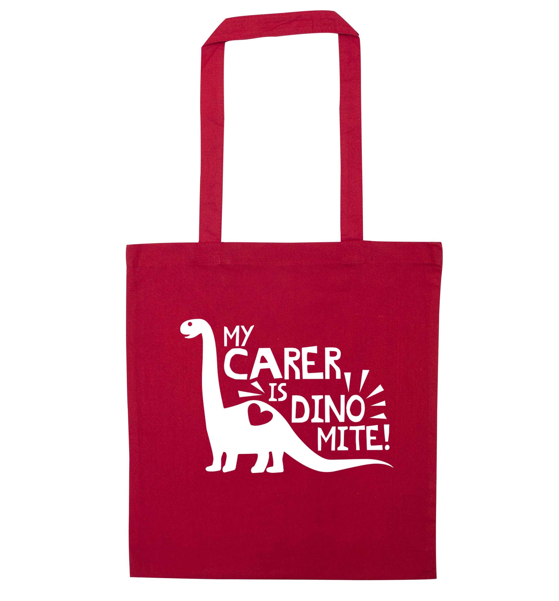 My carer is dinomite! red tote bag