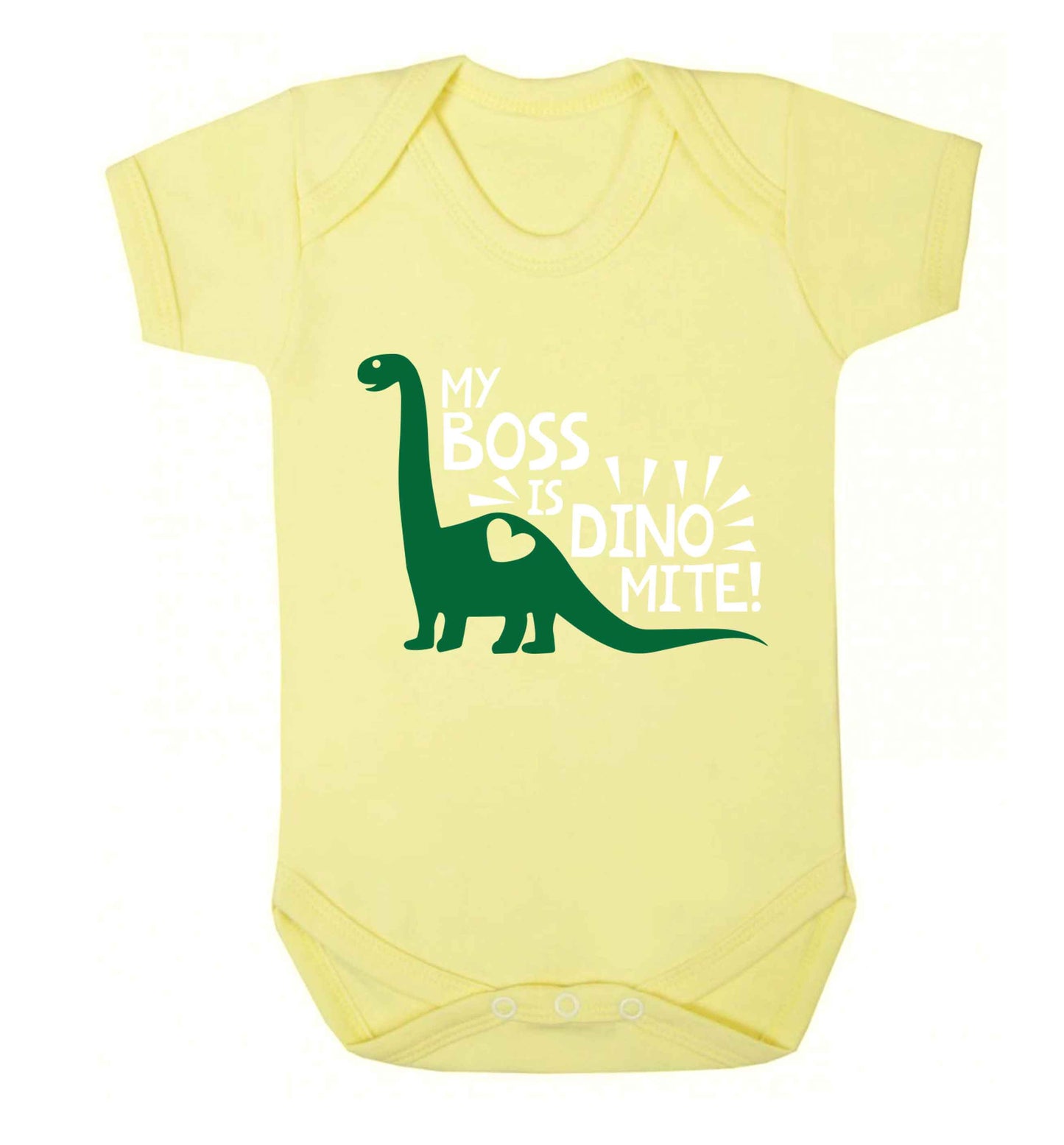 My boss is dinomite! Baby Vest pale yellow 18-24 months