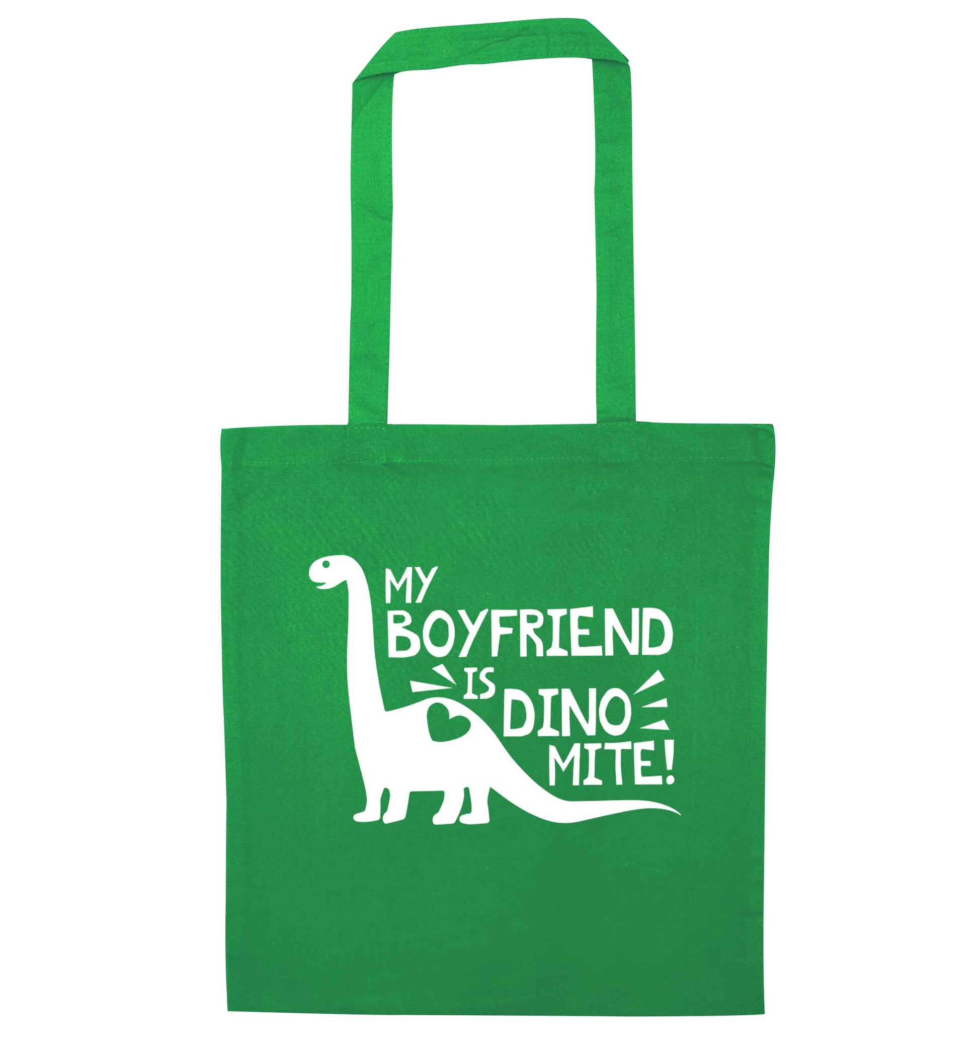 My boyfriend is dinomite! green tote bag