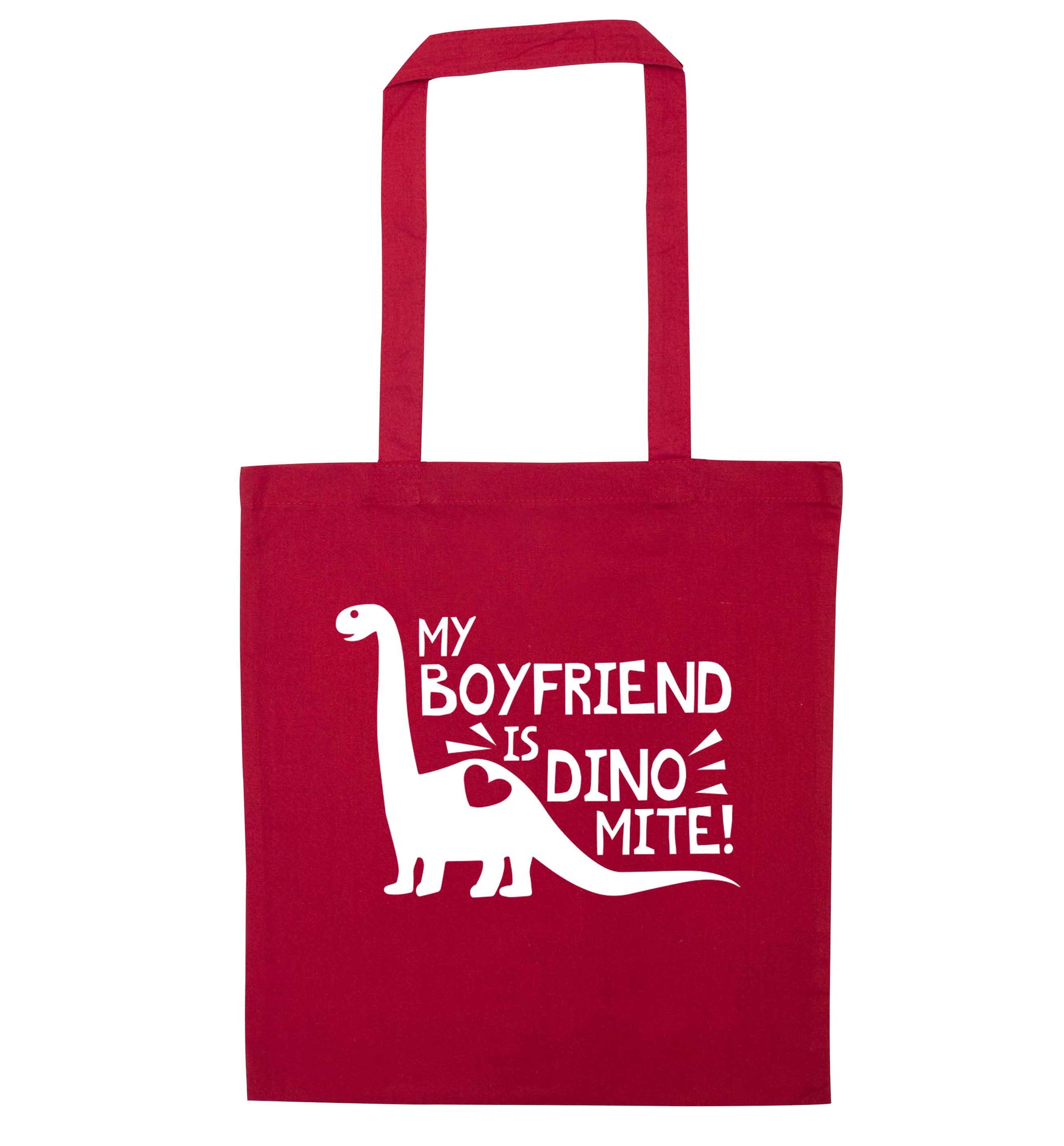 My boyfriend is dinomite! red tote bag