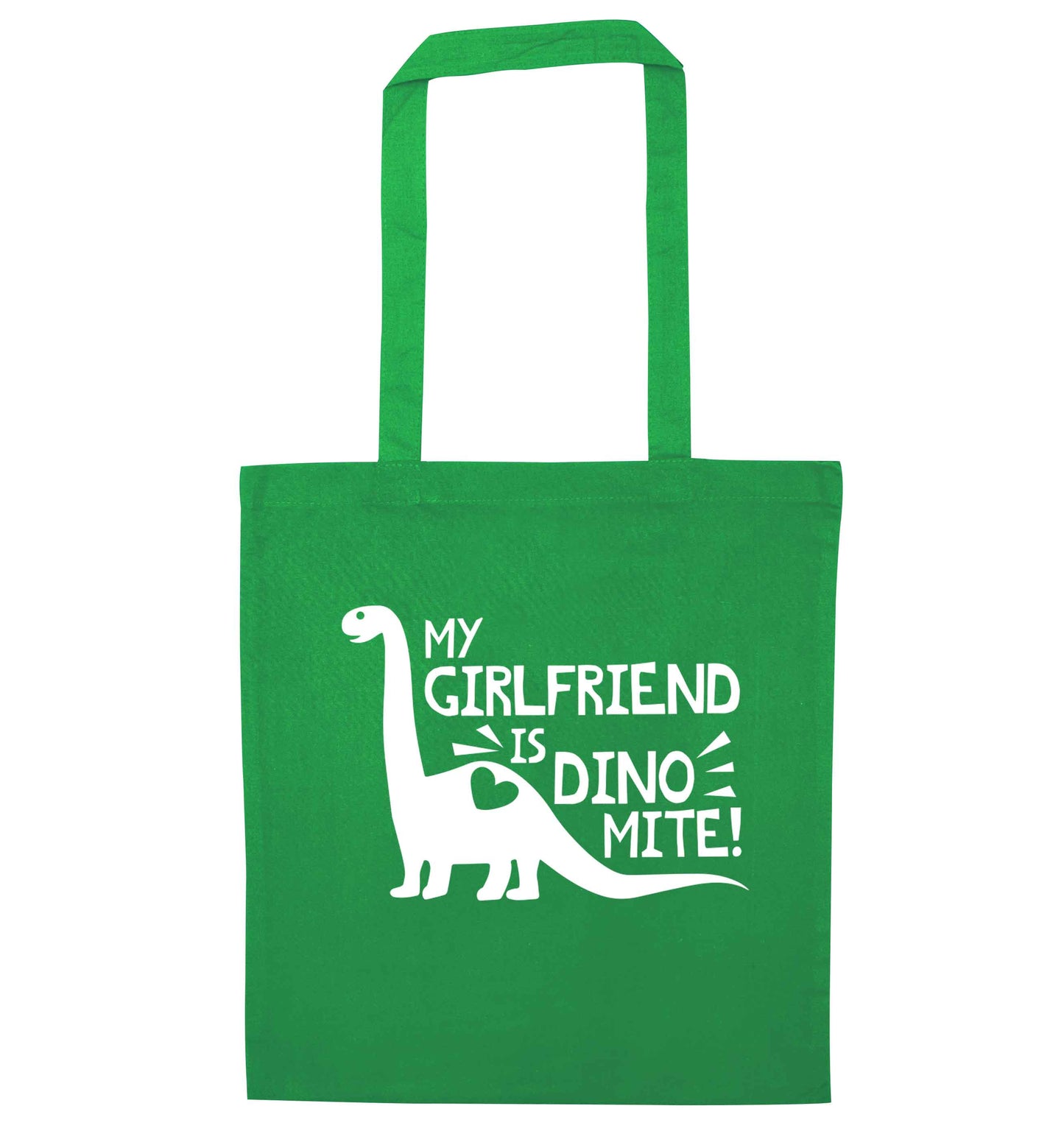 My girlfriend is dinomite! green tote bag