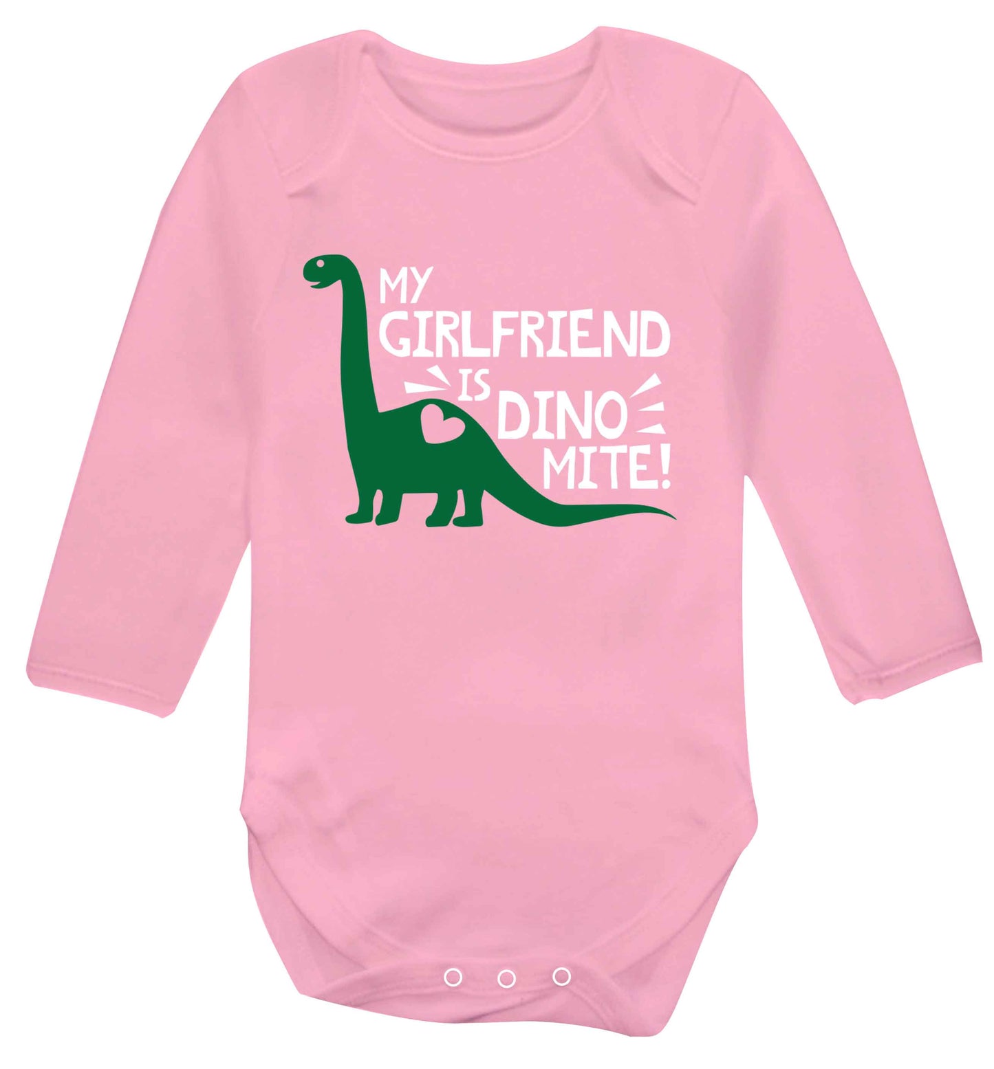 My girlfriend is dinomite! Baby Vest long sleeved pale pink 6-12 months