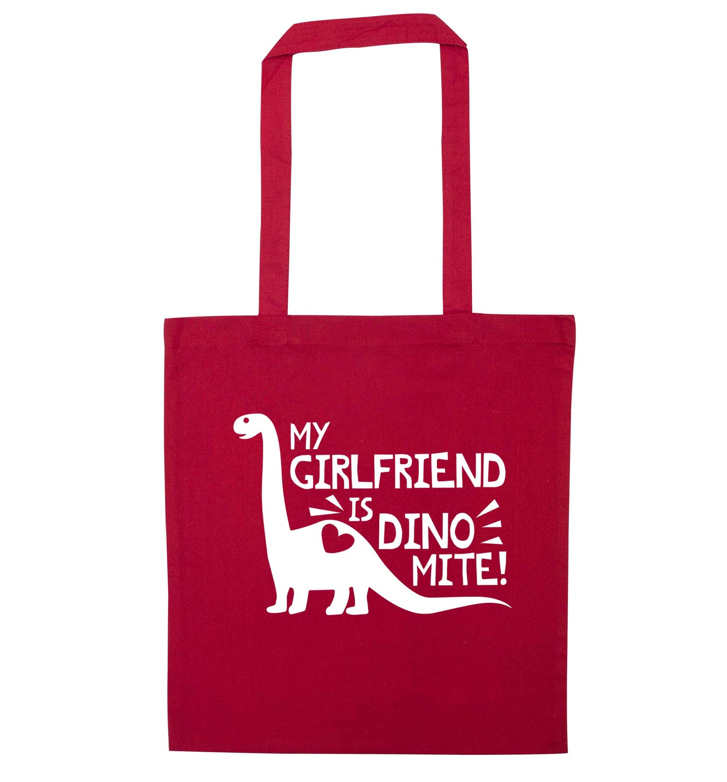 My girlfriend is dinomite! red tote bag