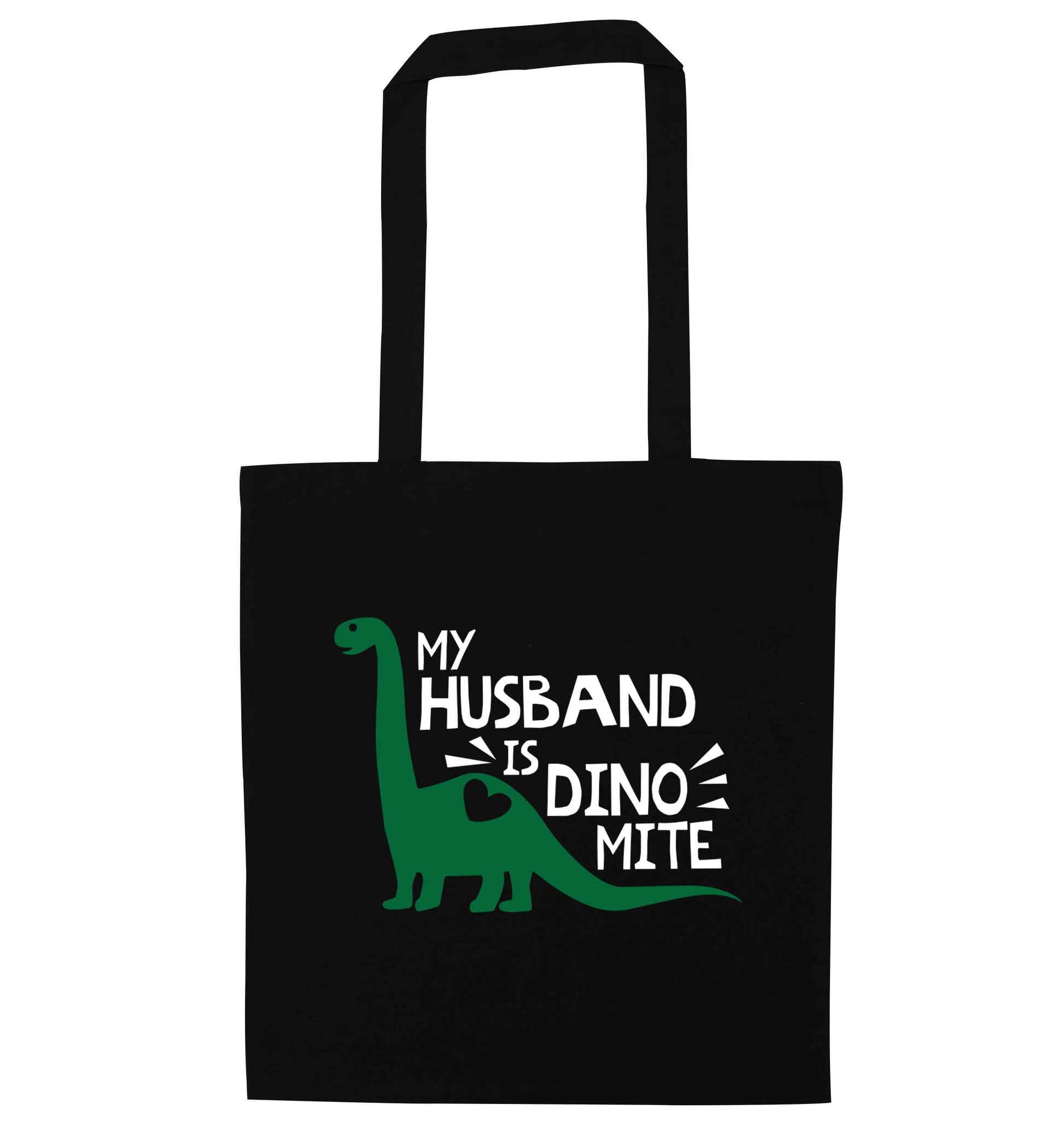 My husband is dinomite! black tote bag