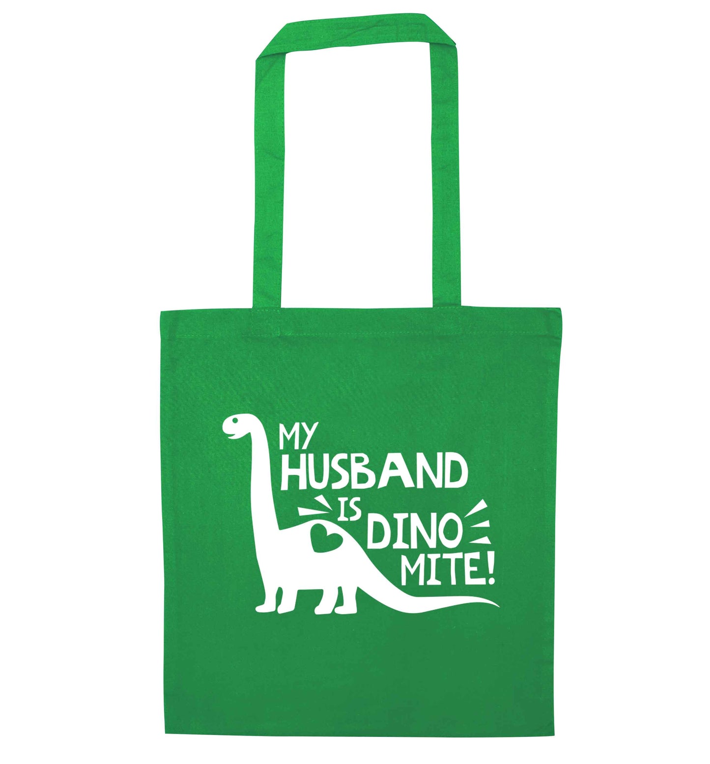 My husband is dinomite! green tote bag
