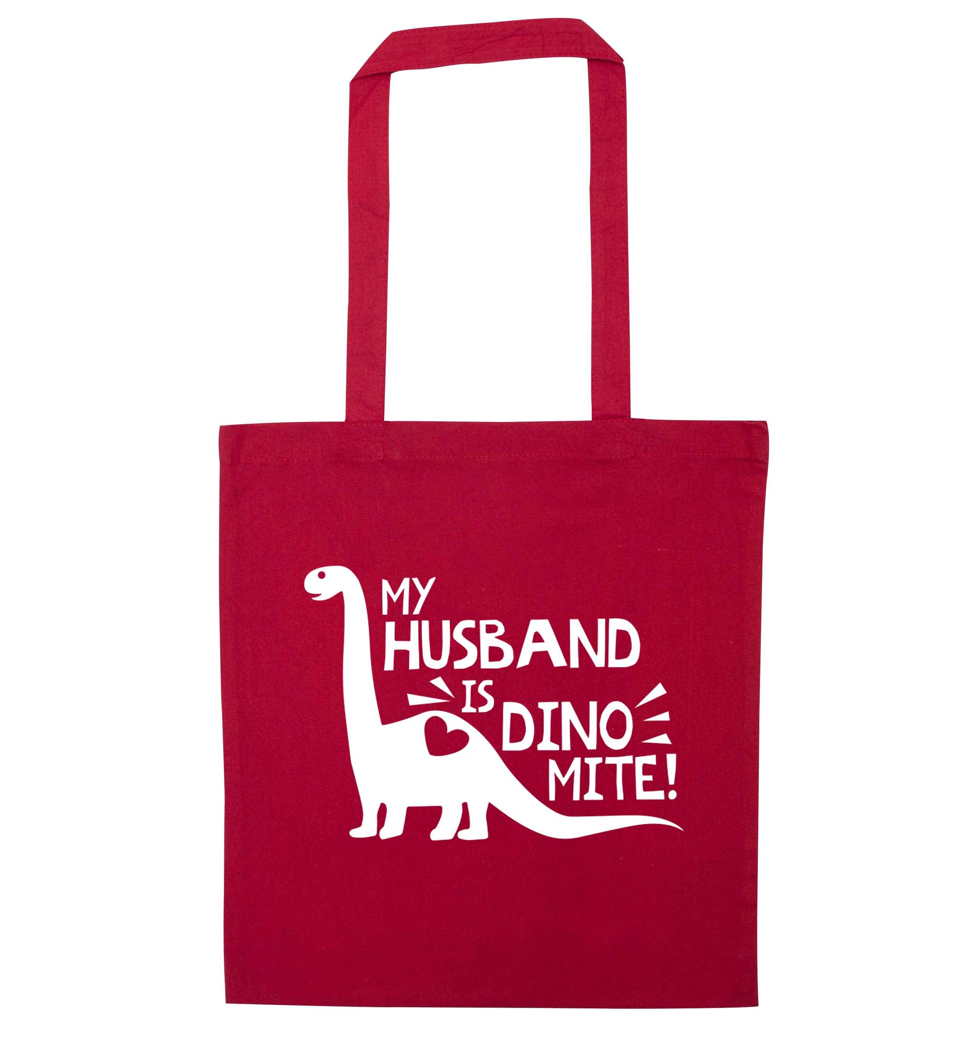 My husband is dinomite! red tote bag