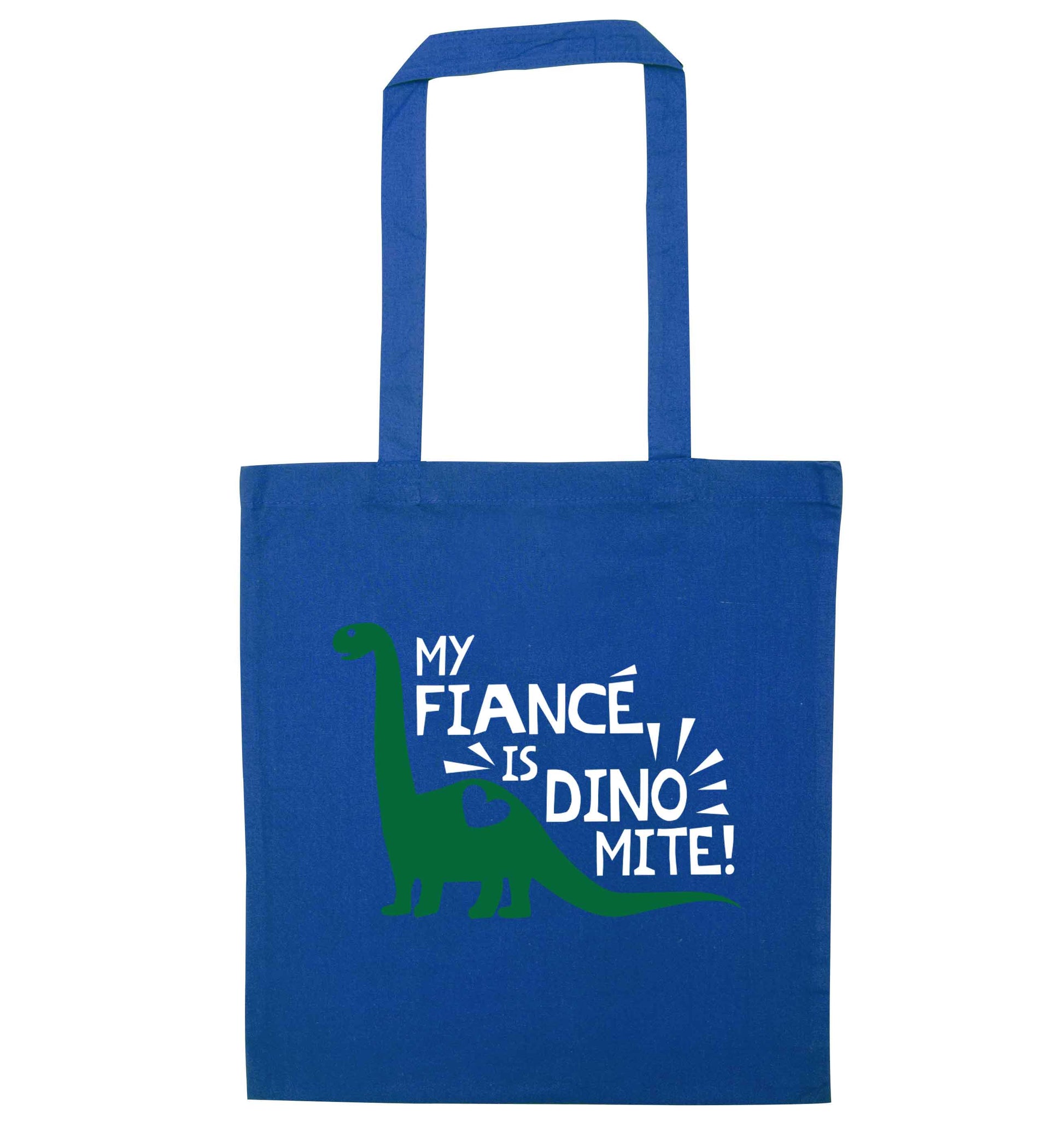 My fiance is dinomite! blue tote bag