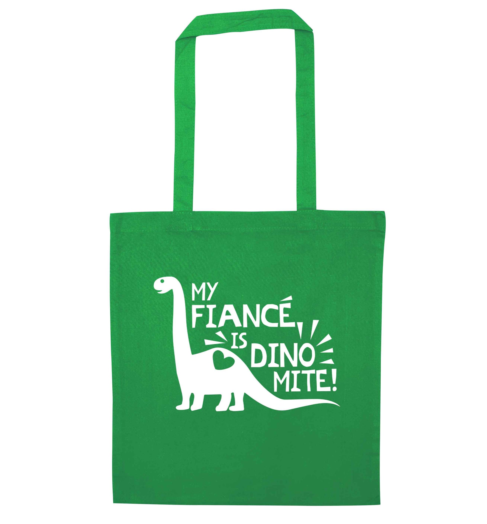My fiance is dinomite! green tote bag