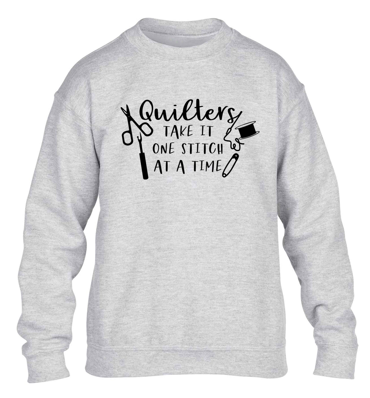 Quilters take it one stitch at a time  children's grey sweater 12-13 Years