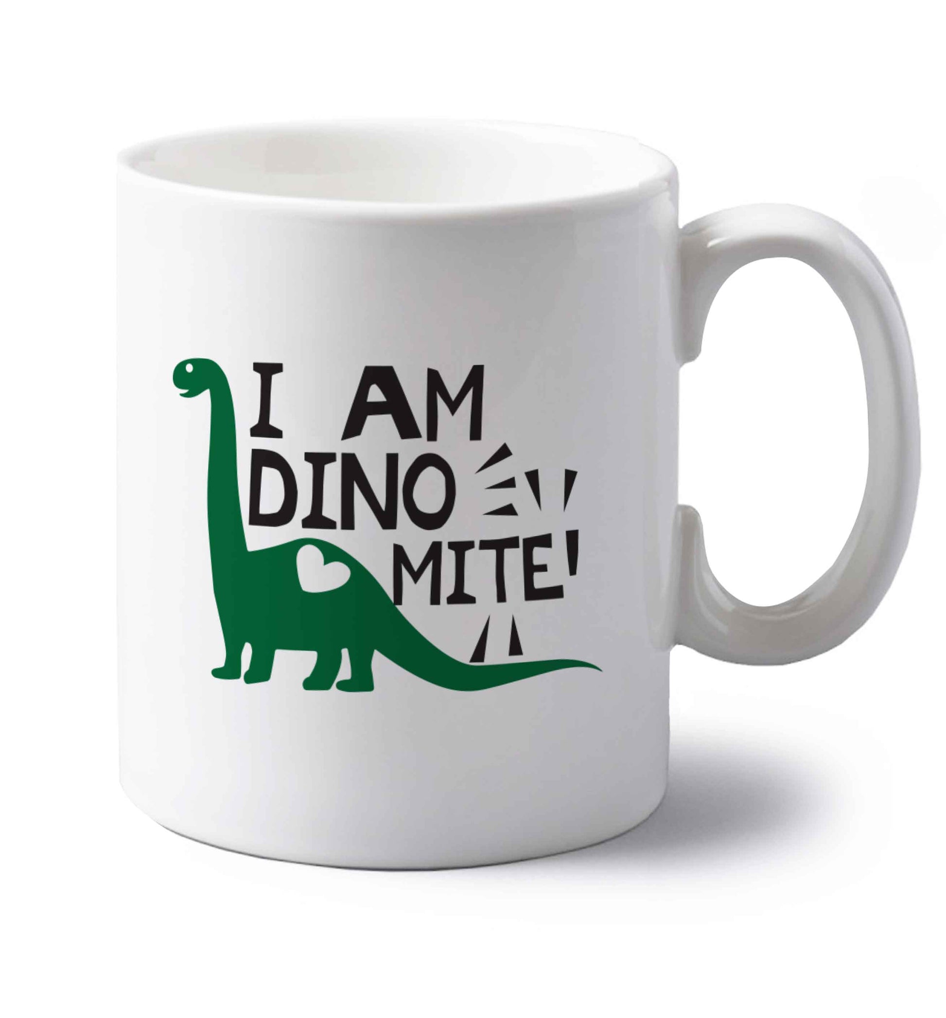 I am dinomite! left handed white ceramic mug 