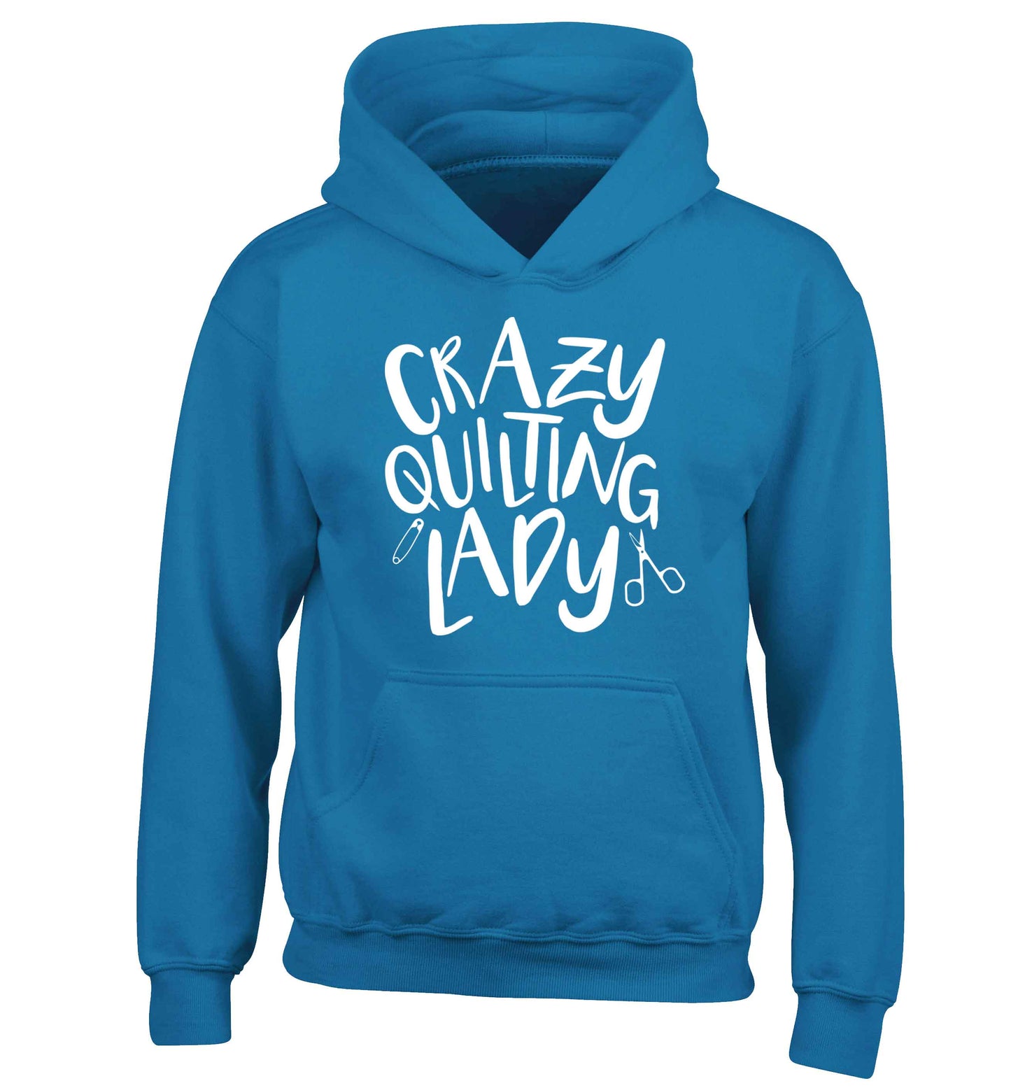 Crazy quilting lady children's blue hoodie 12-13 Years