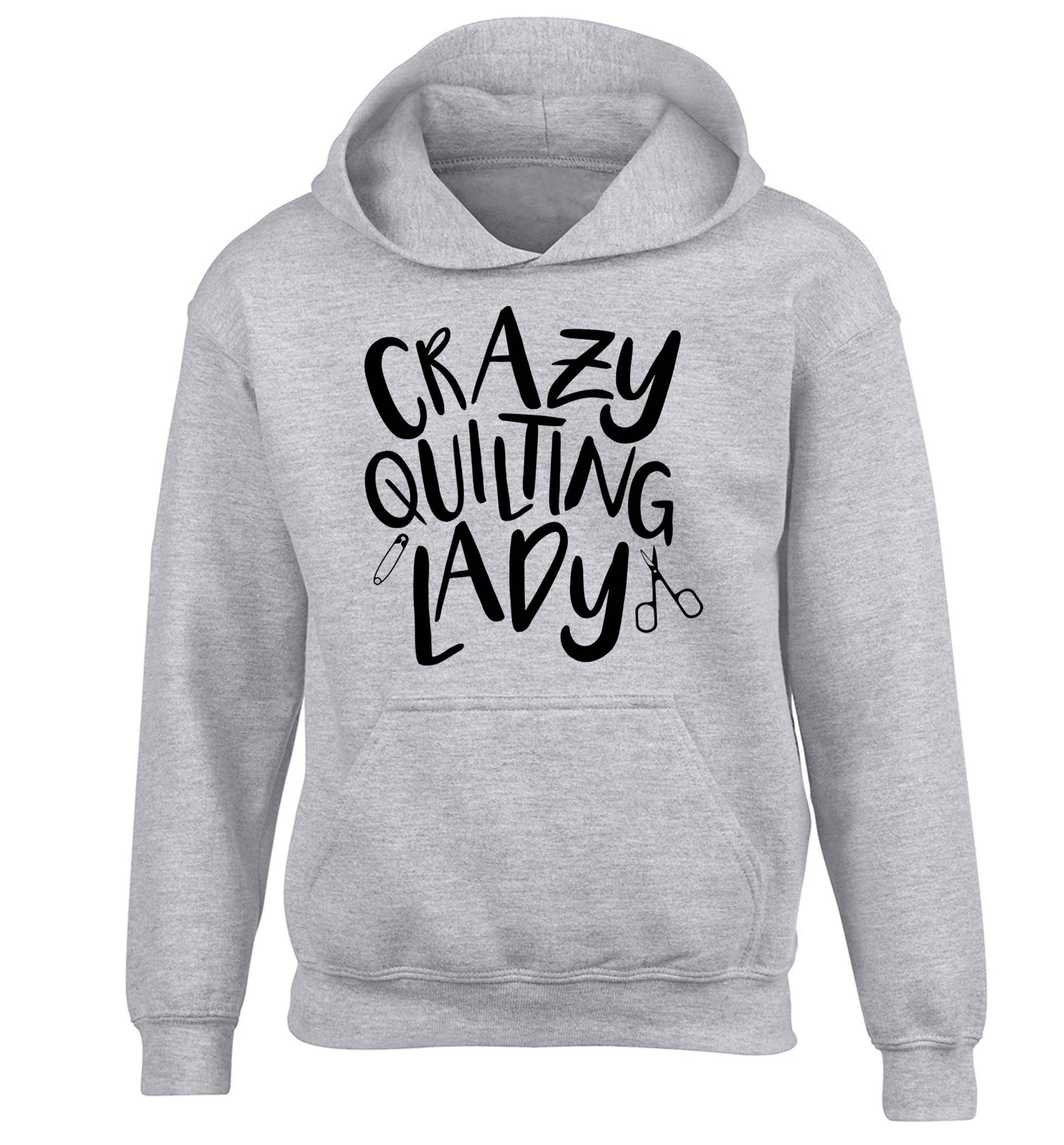 Crazy quilting lady children's grey hoodie 12-13 Years
