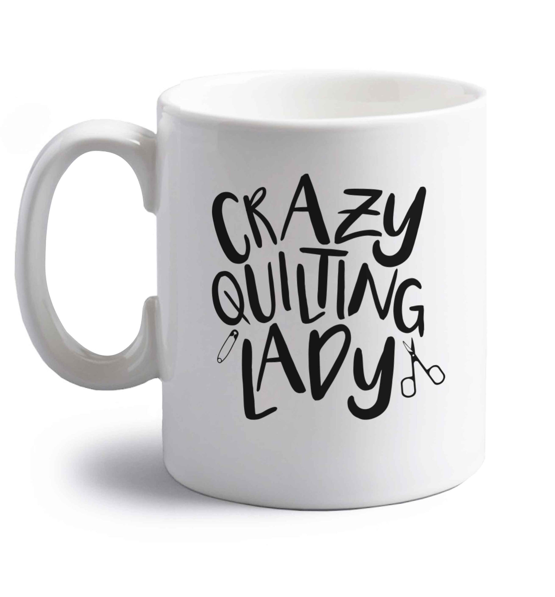 Crazy quilting lady right handed white ceramic mug 