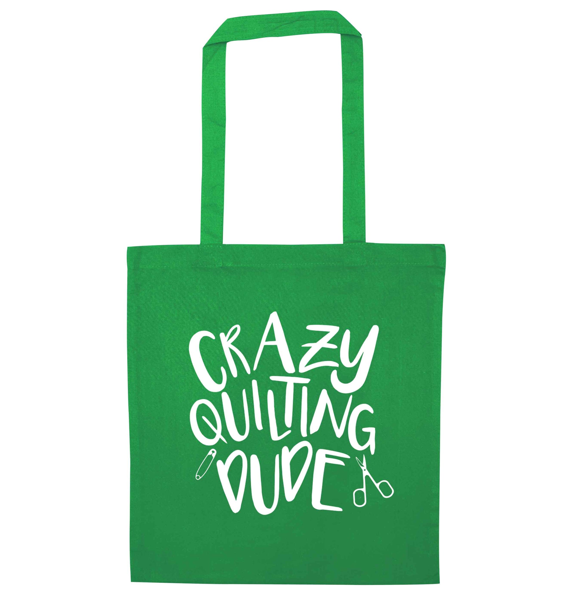Crazy quilting dude green tote bag