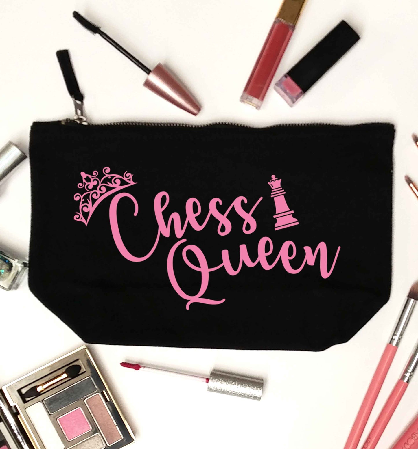 Pink chess queen  black makeup bag