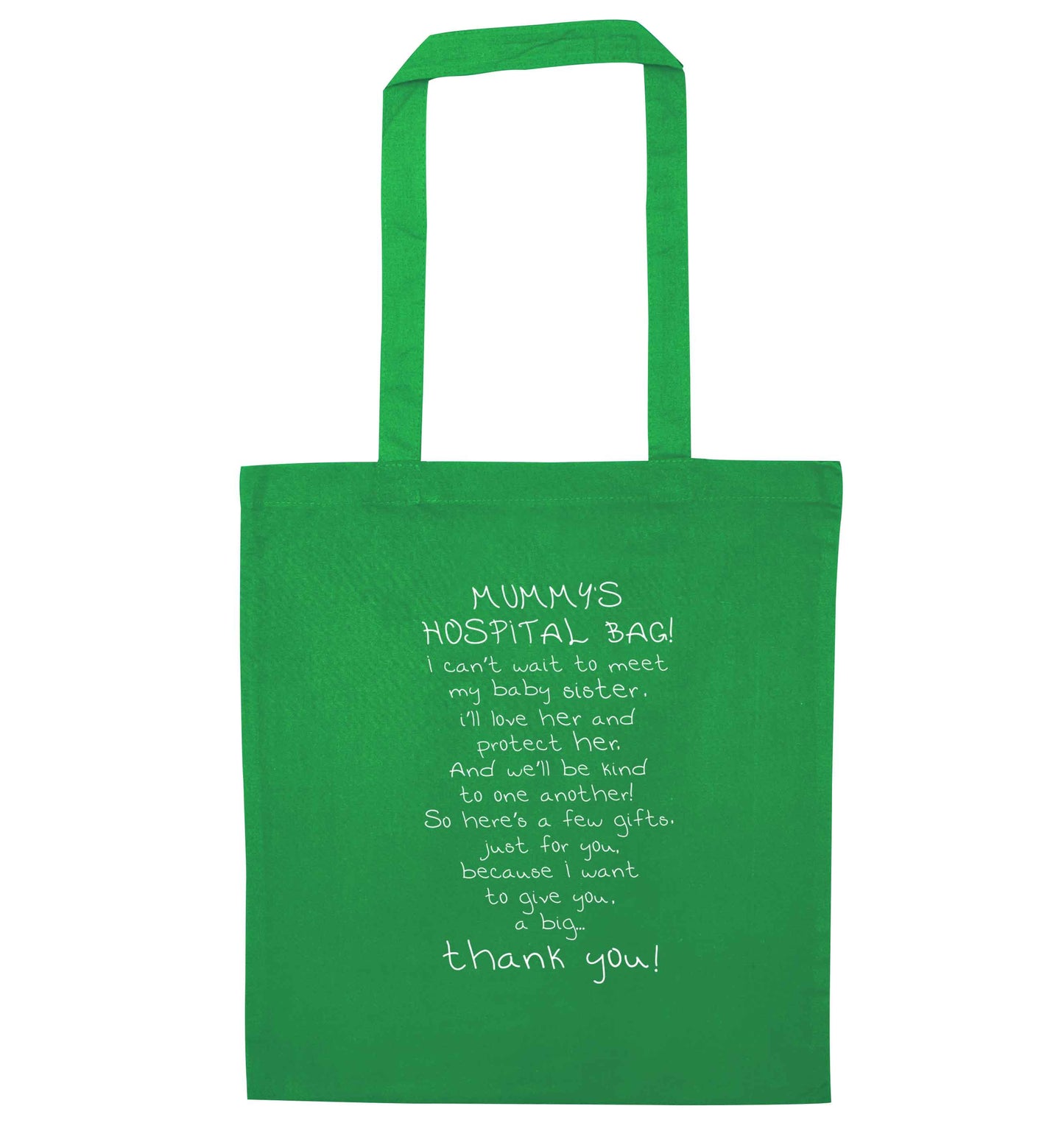 Mummy's hospital bag poem baby sister green tote bag