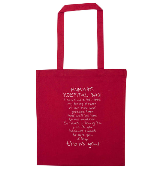 Mummy's hospital bag poem baby sister red tote bag