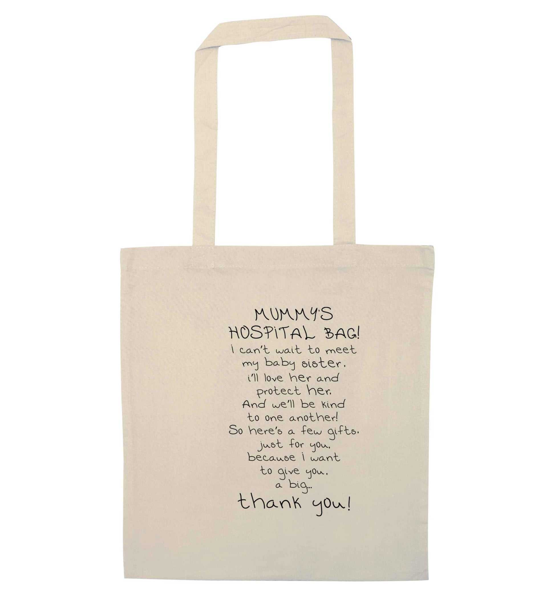 Mummy's hospital bag poem baby sister natural tote bag