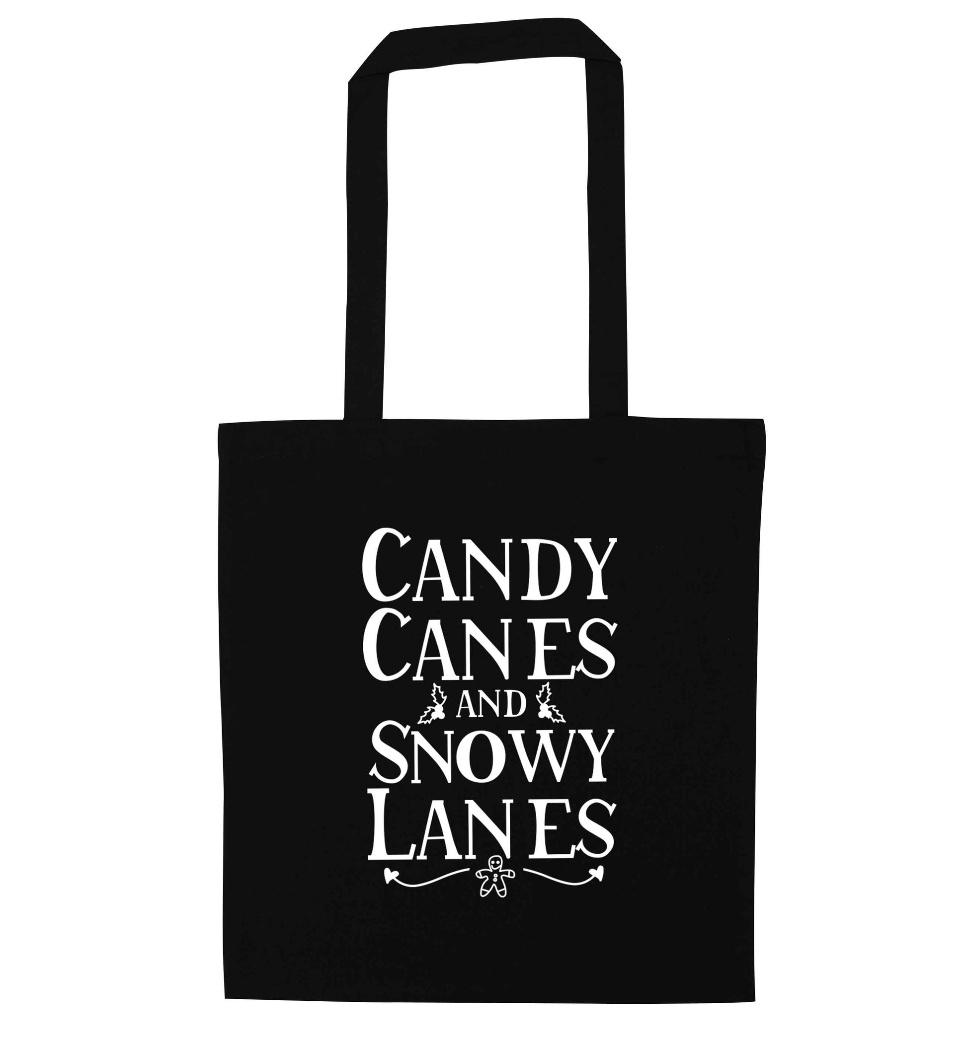 Candy canes and snowy lanes black tote bag