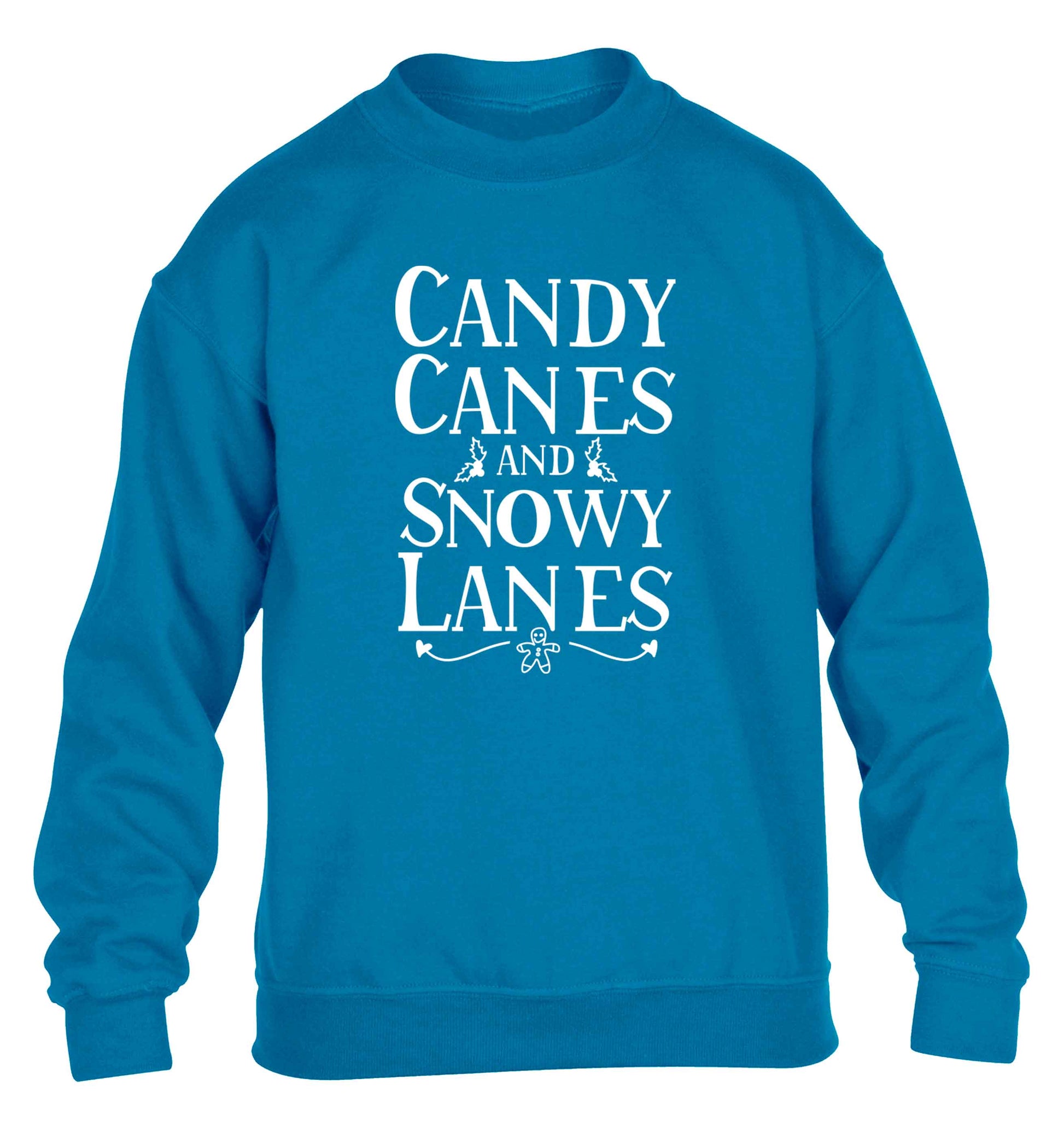 Candy canes and snowy lanes children's blue sweater 12-13 Years
