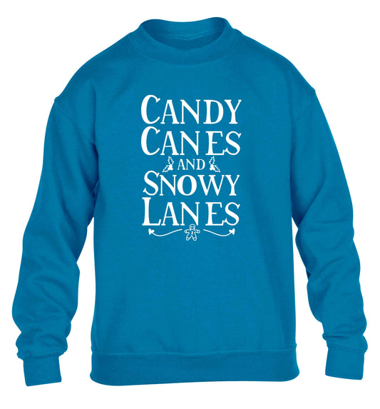 Candy canes and snowy lanes children's blue sweater 12-13 Years