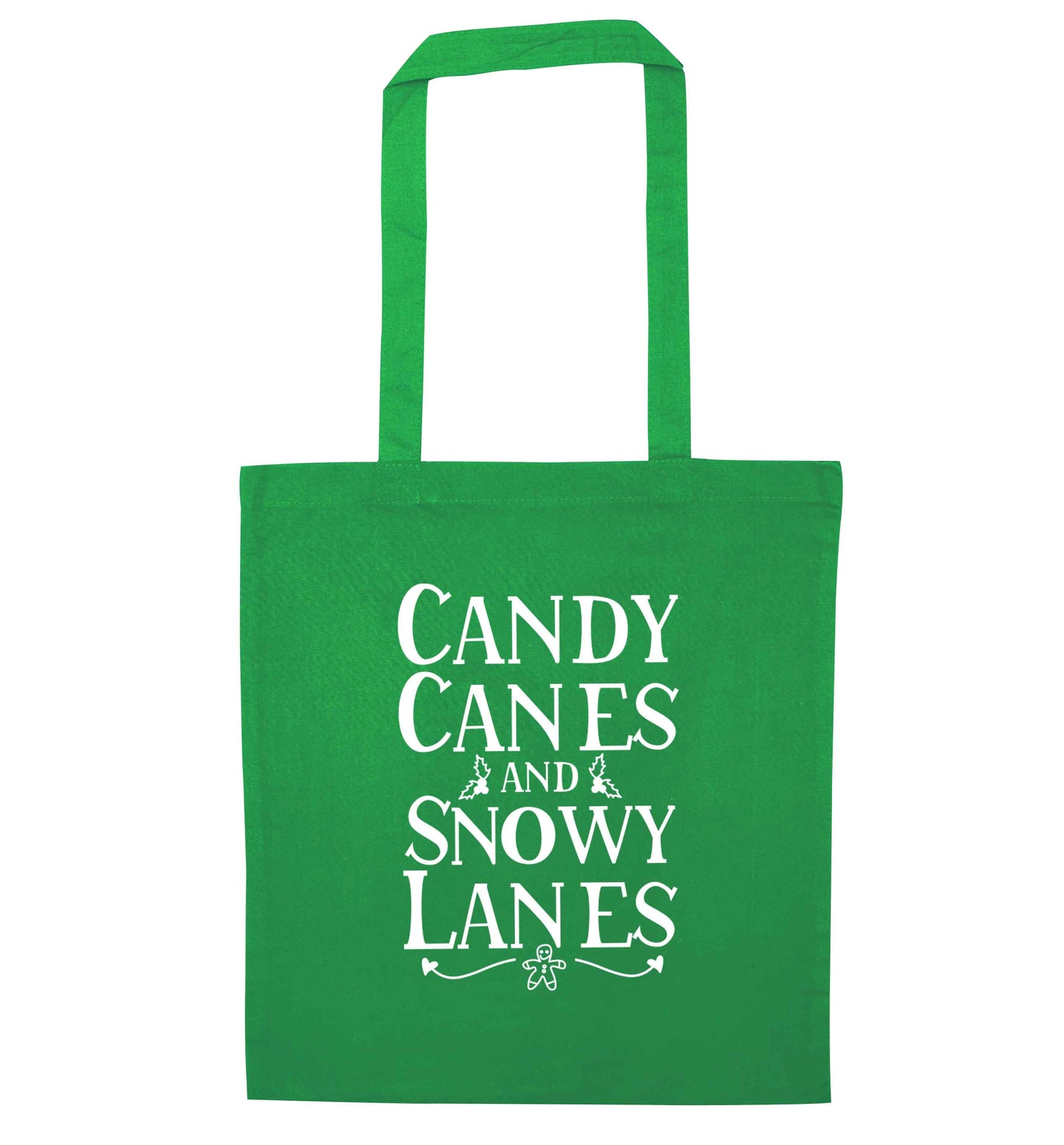 Candy canes and snowy lanes green tote bag