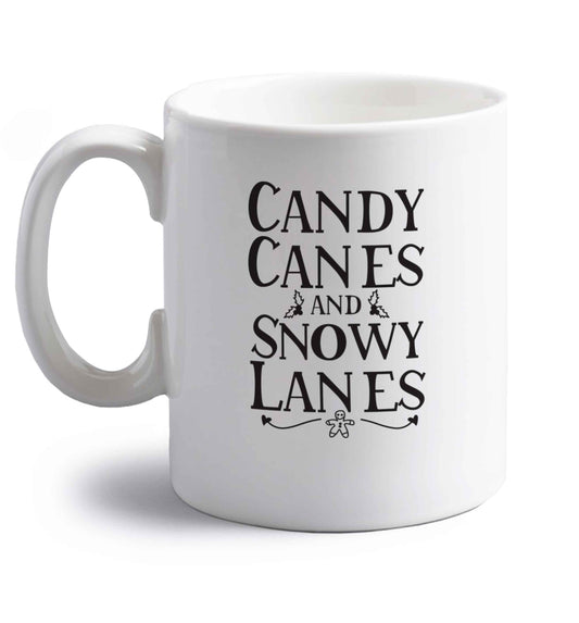 Candy canes and snowy lanes right handed white ceramic mug 