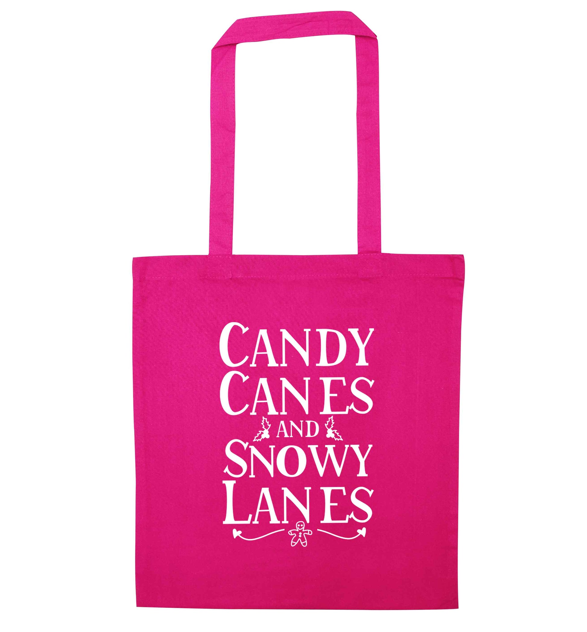 Candy canes and snowy lanes pink tote bag